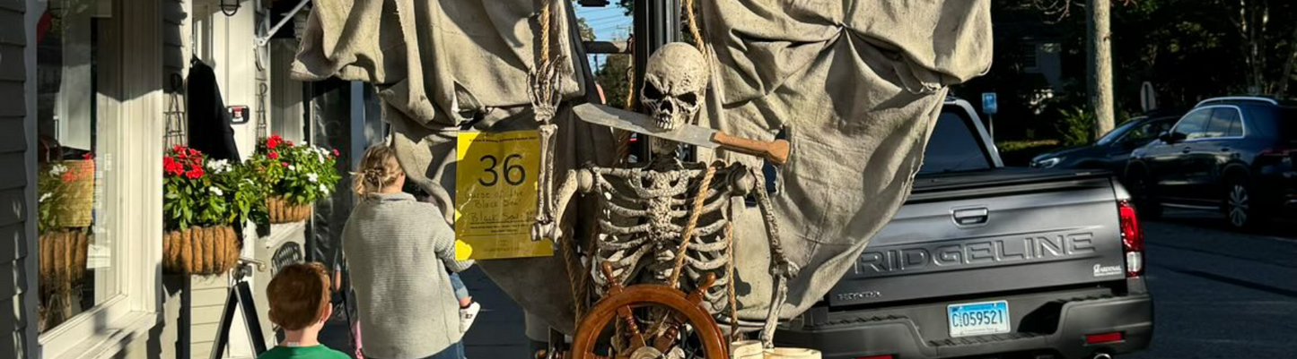 Scarecrows are on display throughout the town of Essex in October each year in celebration of Fall. Come to FestiFall Saturday, October 5, 2024 to vote for your favorite! Pirate shown was created by the Black Seal