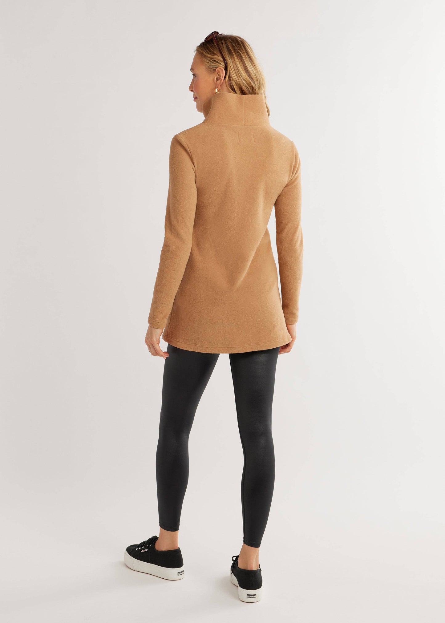 Cobble Hill Turtleneck – Camel Vello Fleece with Tunic Length & Pockets