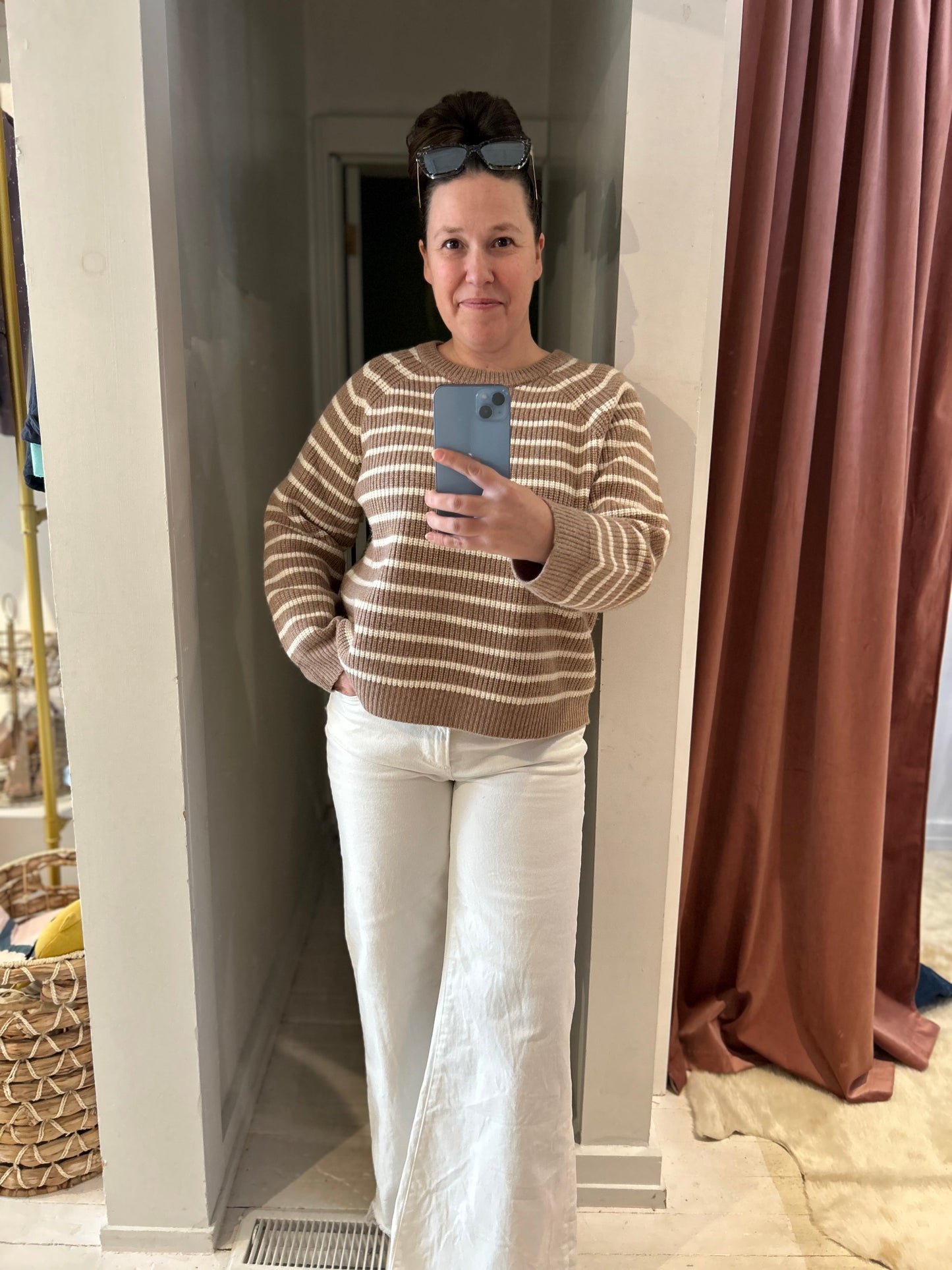 Marea Striped Merino Wool Sweater in camel and ivory, showcasing classic crewneck design and cozy shaker stitch texture.