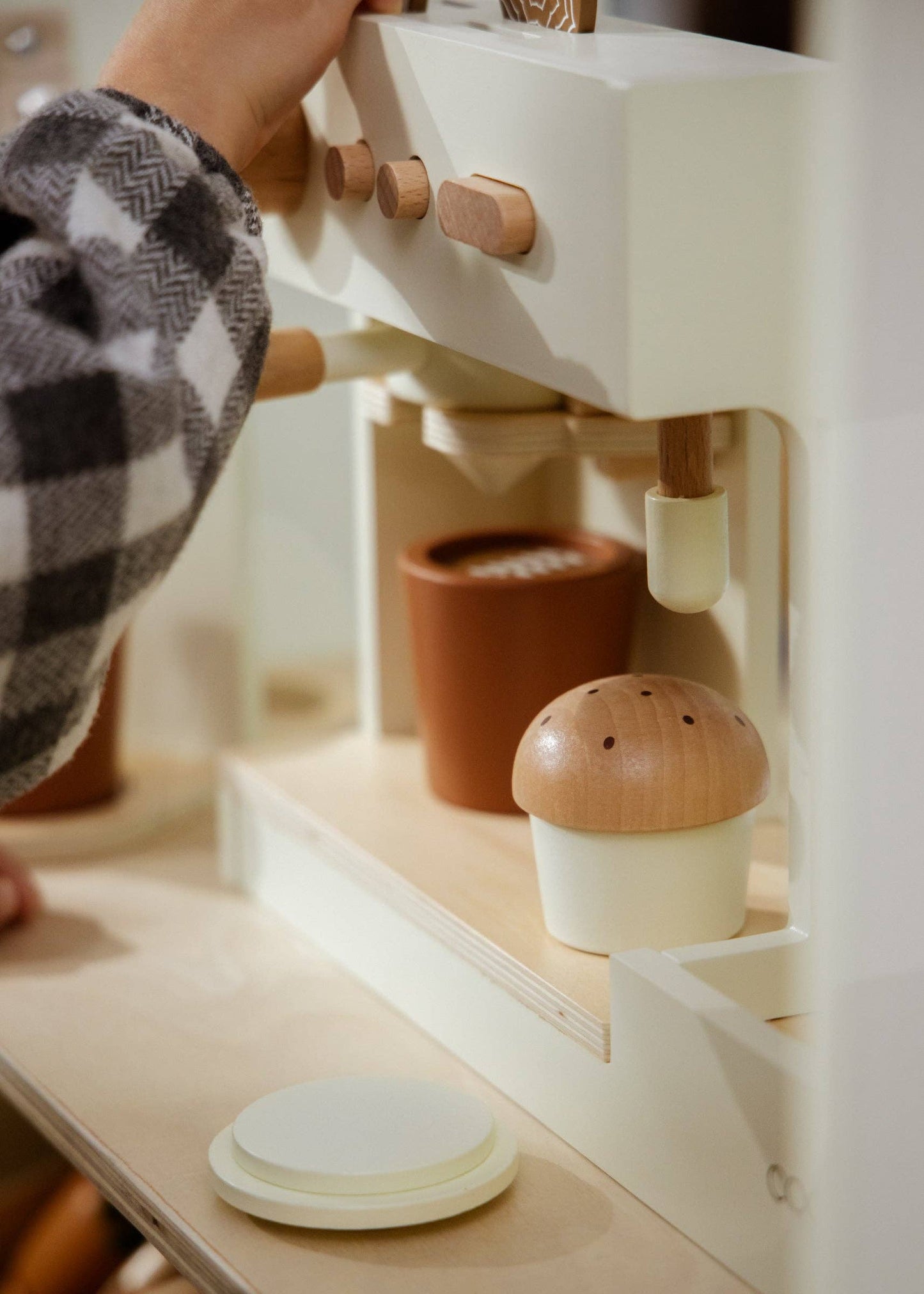 Wooden Coffee Shop arranged with all accessories on a table for realistic play scene