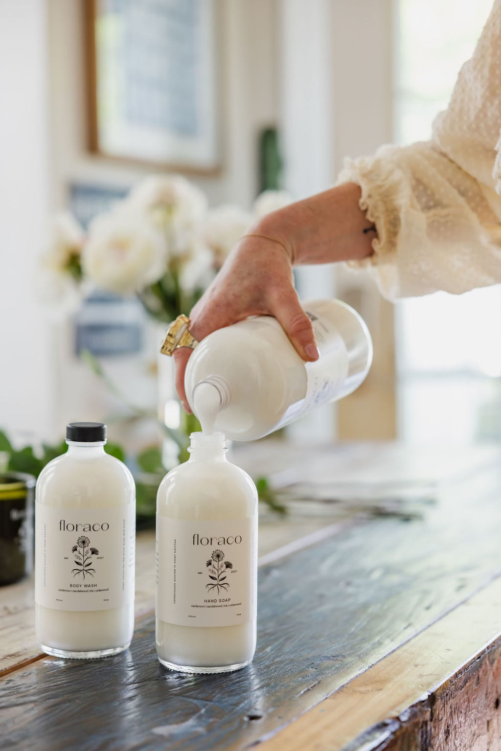 Floraco Hand Soap+ Body Wash Refill: cardamom, sandalwood, iris, cedarwood