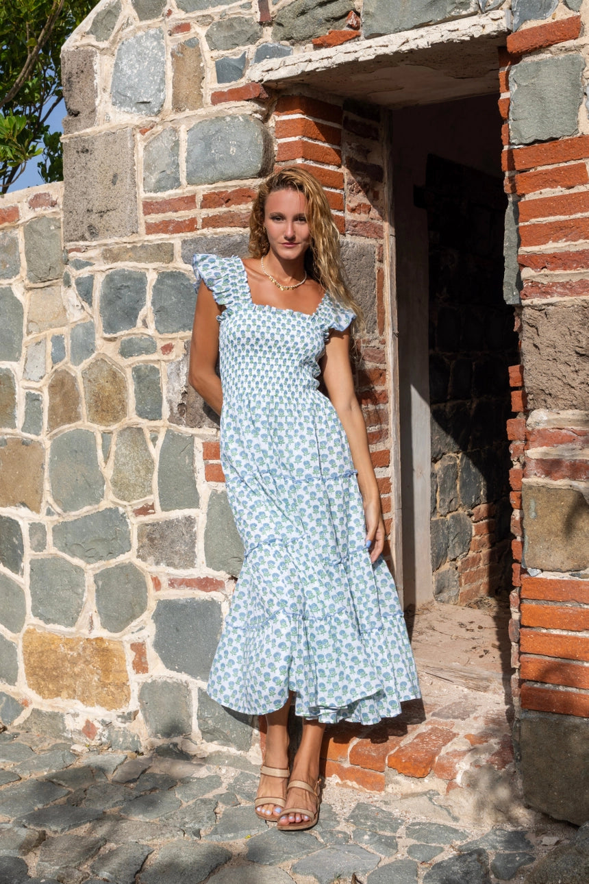 Paloma Maxi Dress Aqua Floral Block Print