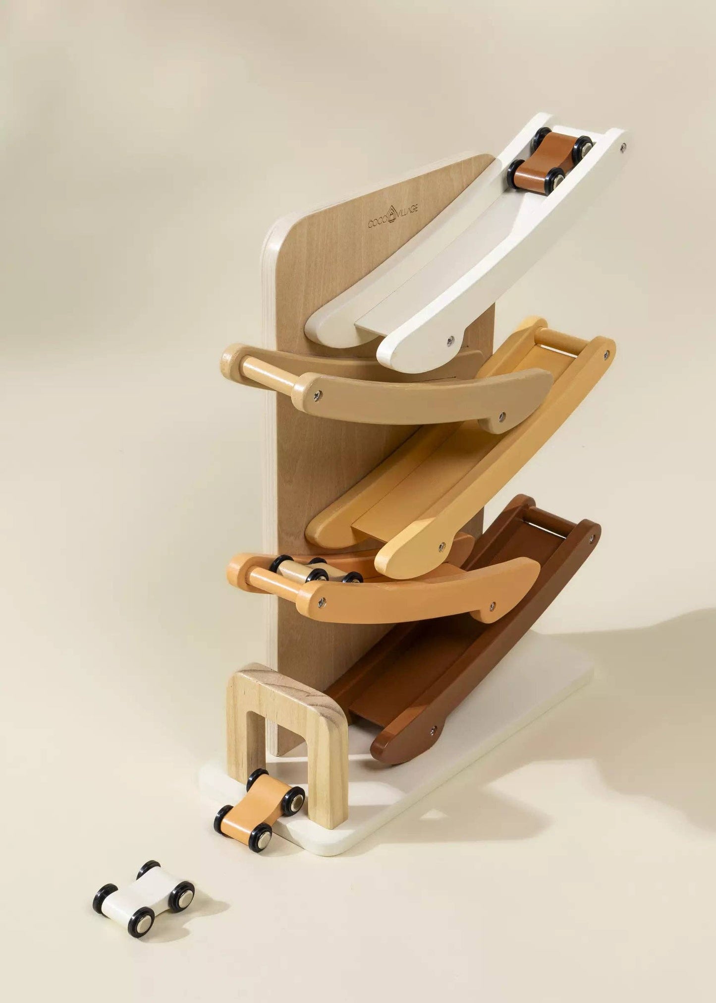 Wooden Car Glider Track with cars gliding down and exiting at the bottom for exciting toddler playtime