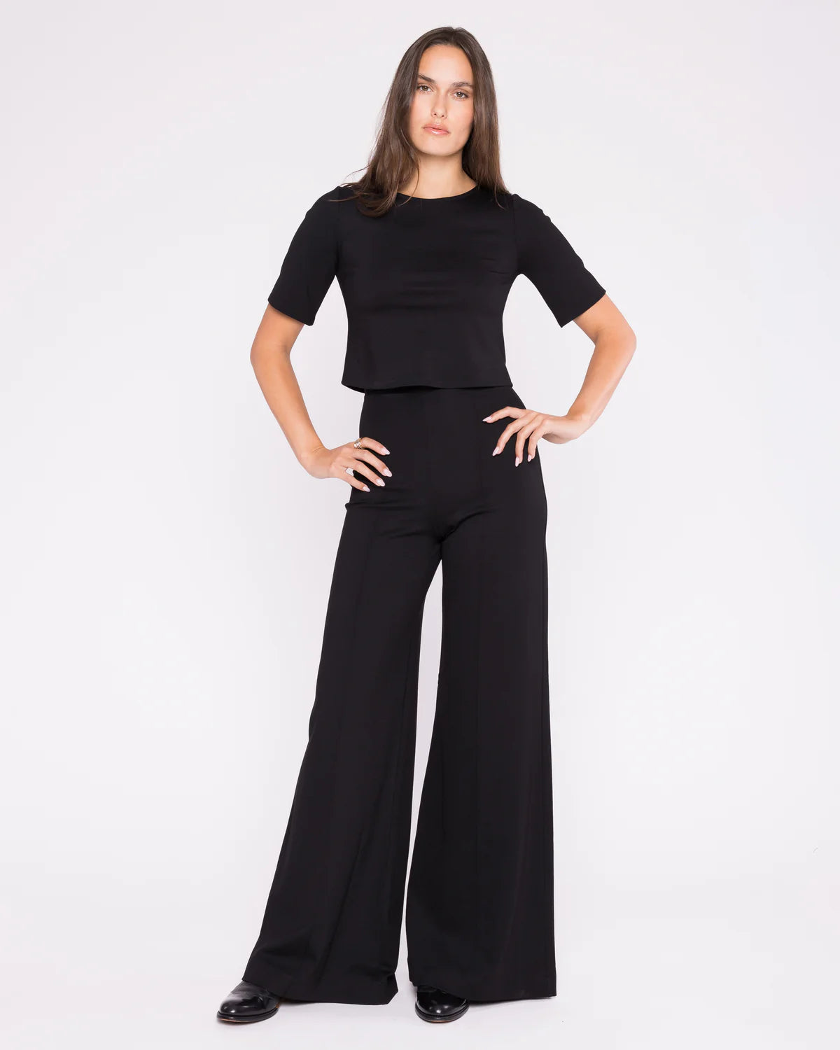 A timeless high-waisted, wide-leg pant crafted from luxurious ponte knit.