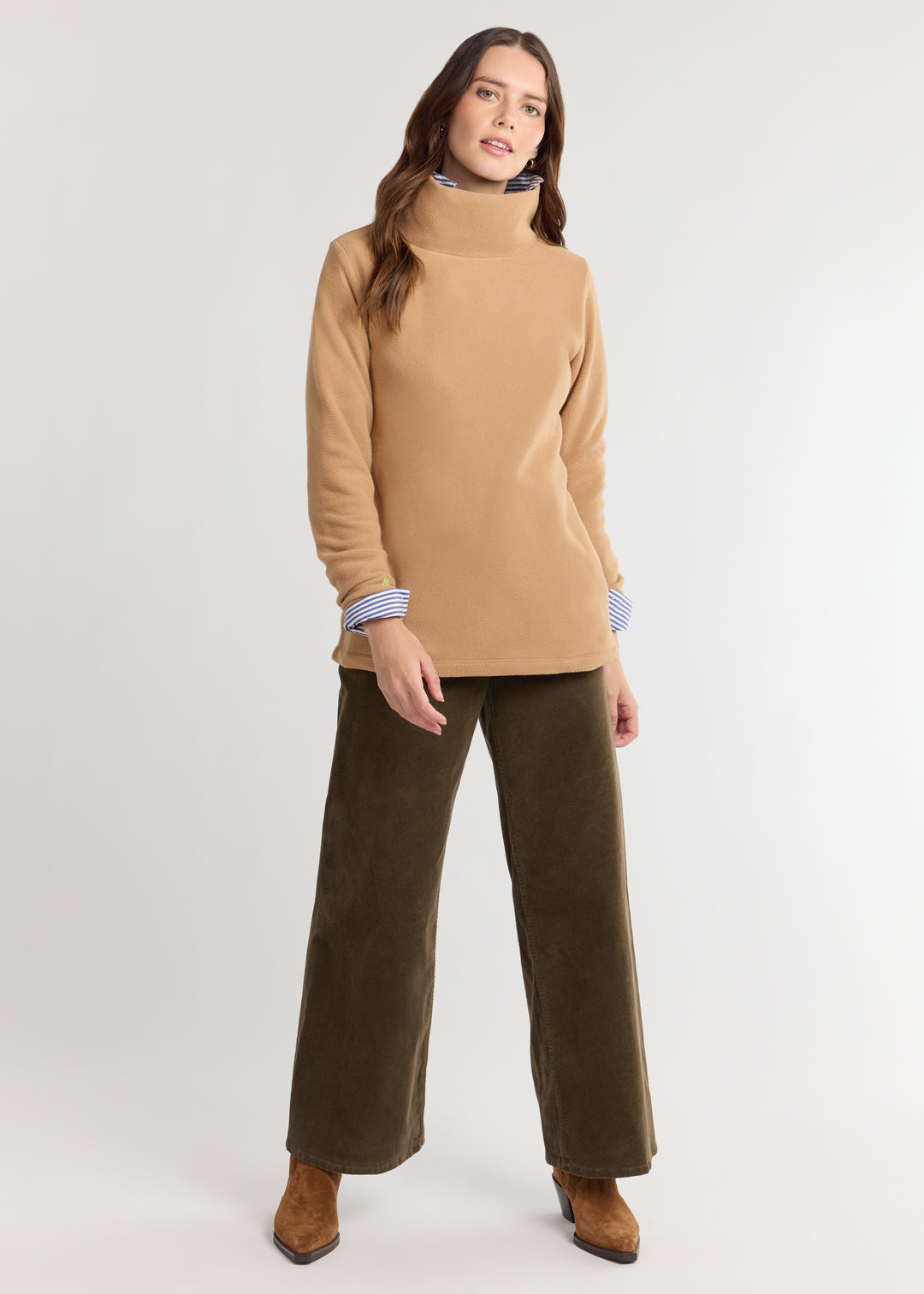 Cobble Hill Turtleneck – Camel Vello Fleece with Tunic Length & Pockets