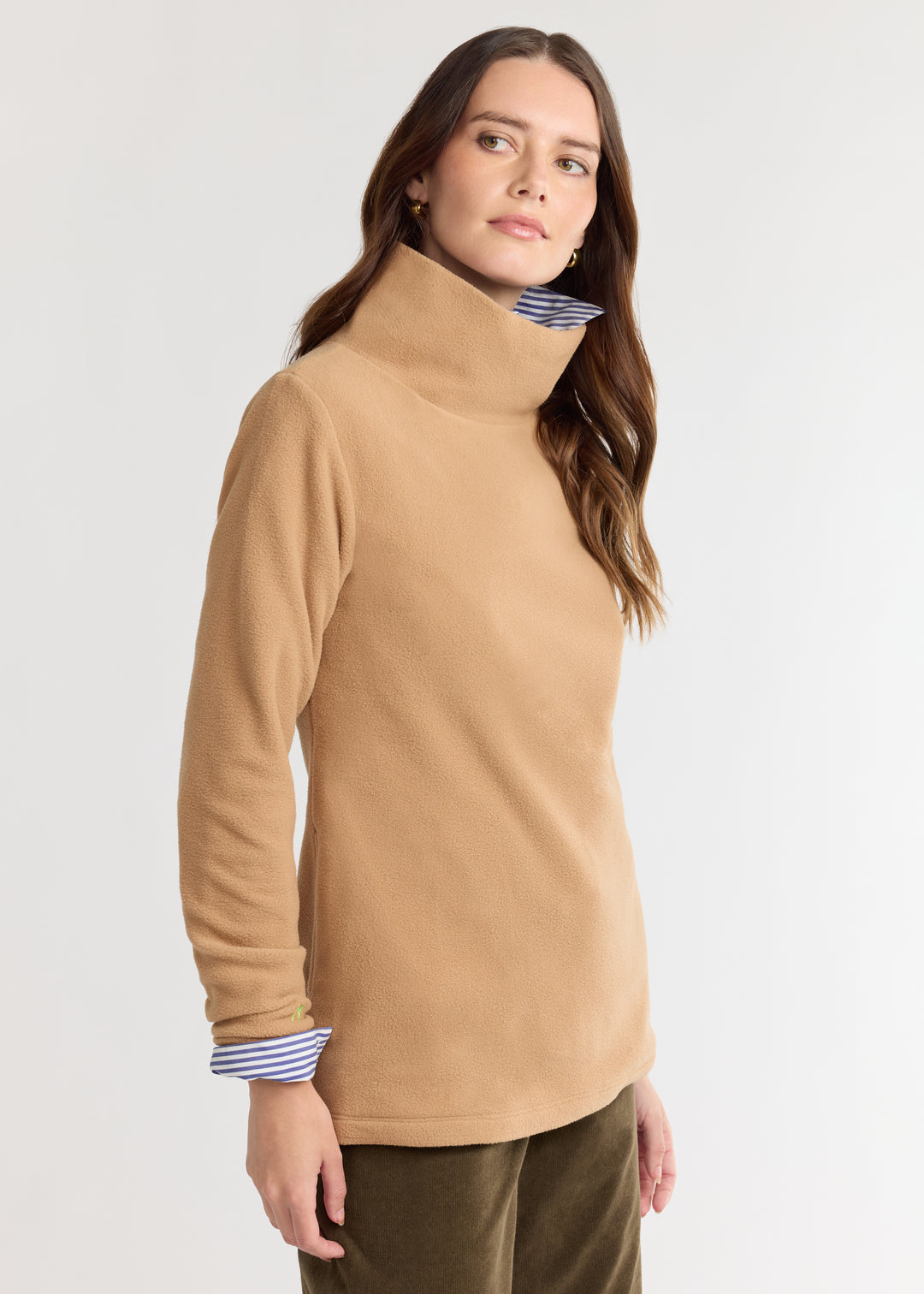 Cobble Hill Turtleneck – Camel Vello Fleece with Tunic Length & Pockets