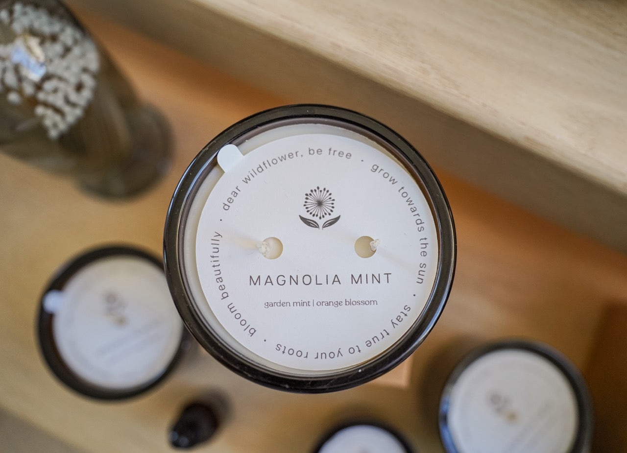 Magnolia Mint Candle: Wild Mint, Orange Blossom, Eucalyptus, Lemon, Mint + Tomato Leaf - Amber Glass: