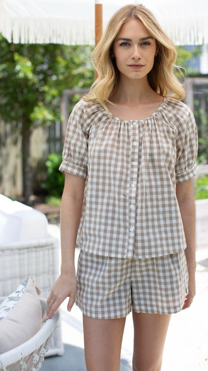 Marea Ava Shorts in Dune Gingham styled with the matching Everly Top outdoors—perfect for warm weather days.