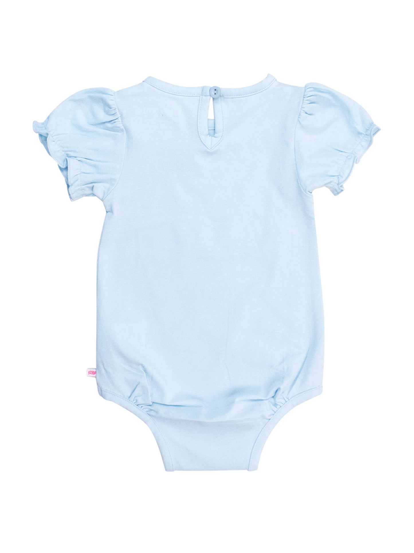 Back view of baby girls light blue bodysuit in flat lay, highlighting breathable knit fabric and easy-care design