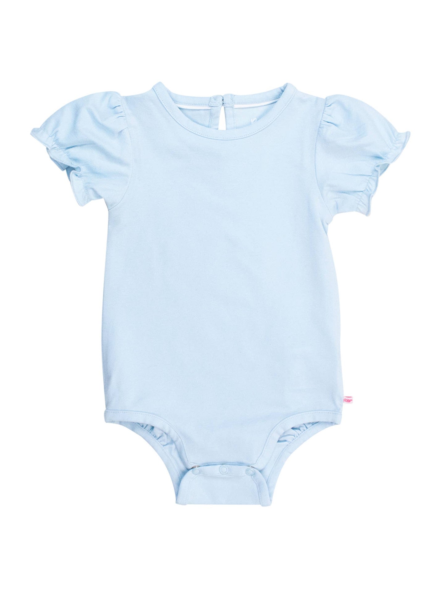 Baby girls light blue knit puff short sleeve bodysuit laid flat, showing charming puff sleeves and soft cotton-blend fabric