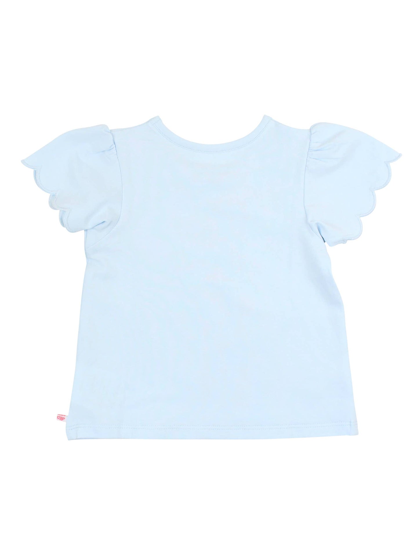 Back view of baby girls light blue bodysuit in flat lay, highlighting stretch and breathable cotton blend