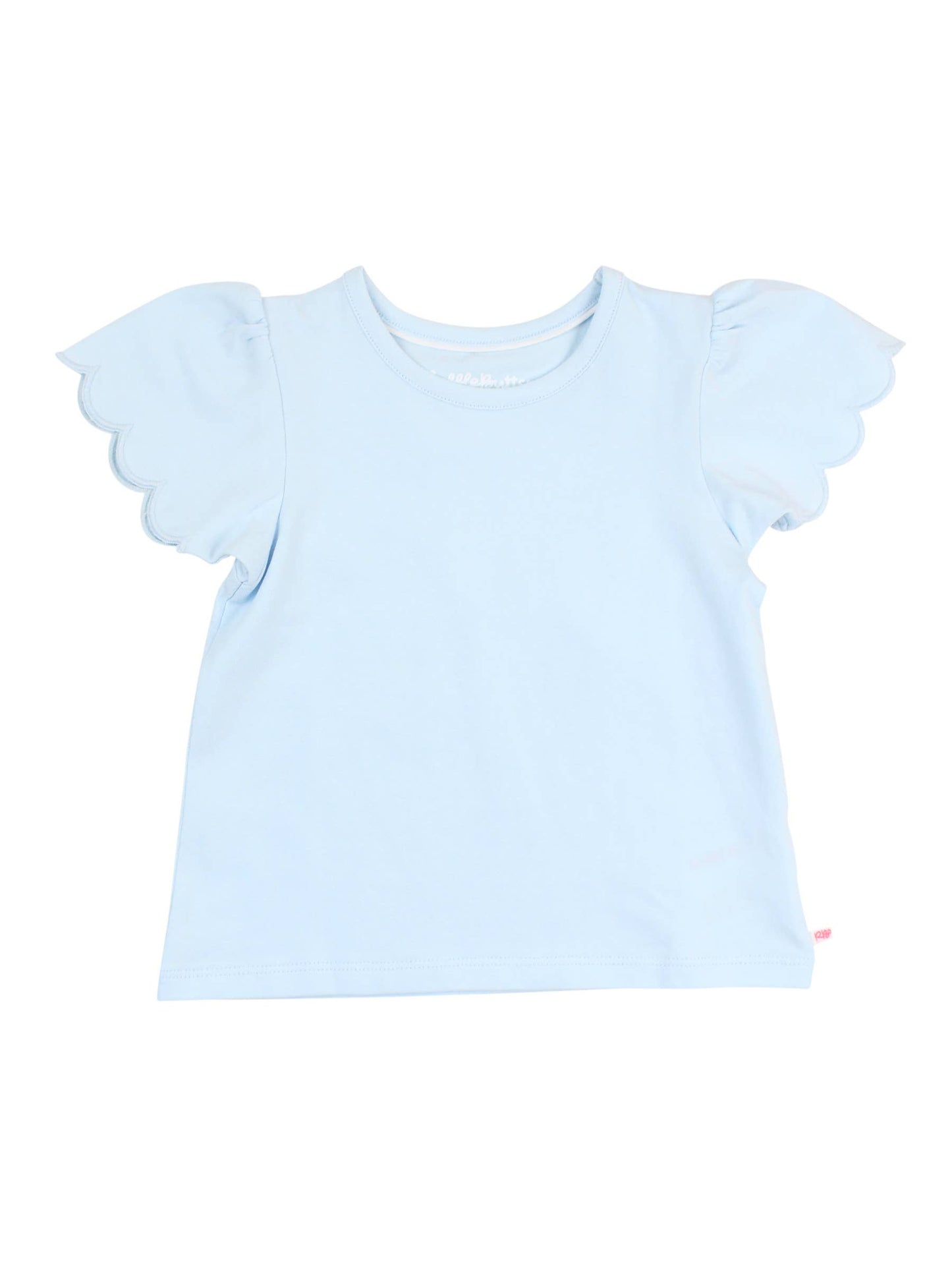Baby girls light blue puff sleeve bodysuit laid flat, front view showcasing delicate sleeves and soft fabric