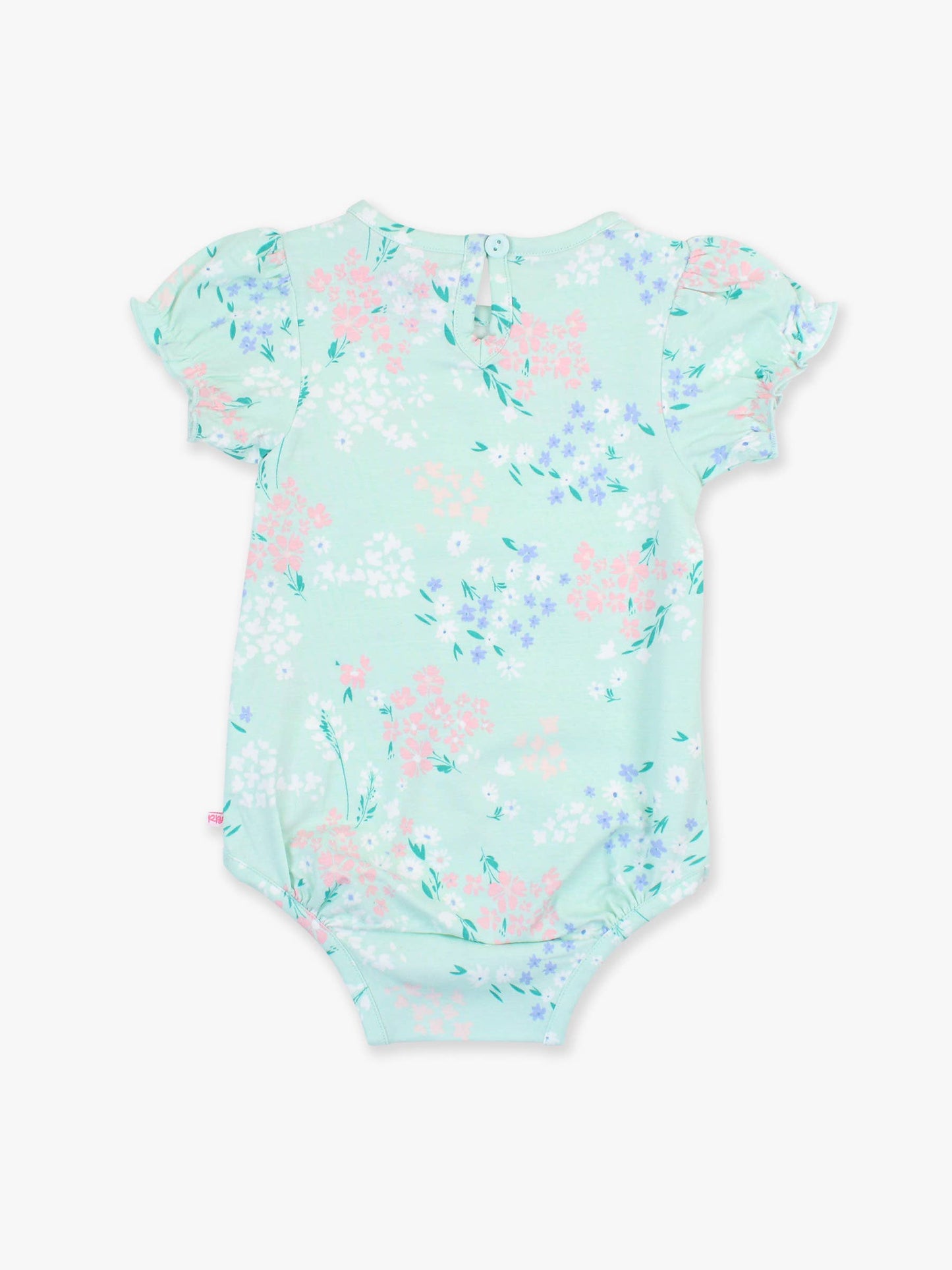 Back flat lay of mint meadow floral bodysuit for baby girls with soft stretch and puff sleeve detail