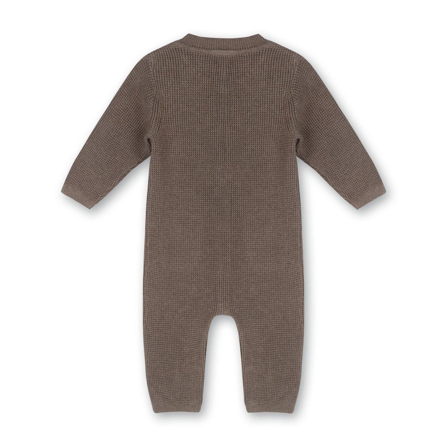 Back view of Knit Long Sweater Romper by Viverano Organics – a cozy and sustainable romper made from organic materials, featuring a soft knit design. Perfect for cooler weather, this versatile romper offers comfort and warmth for babies, with a stylish back detail and eco-friendly fabric, making it a great addition to any little one’s wardrobe.