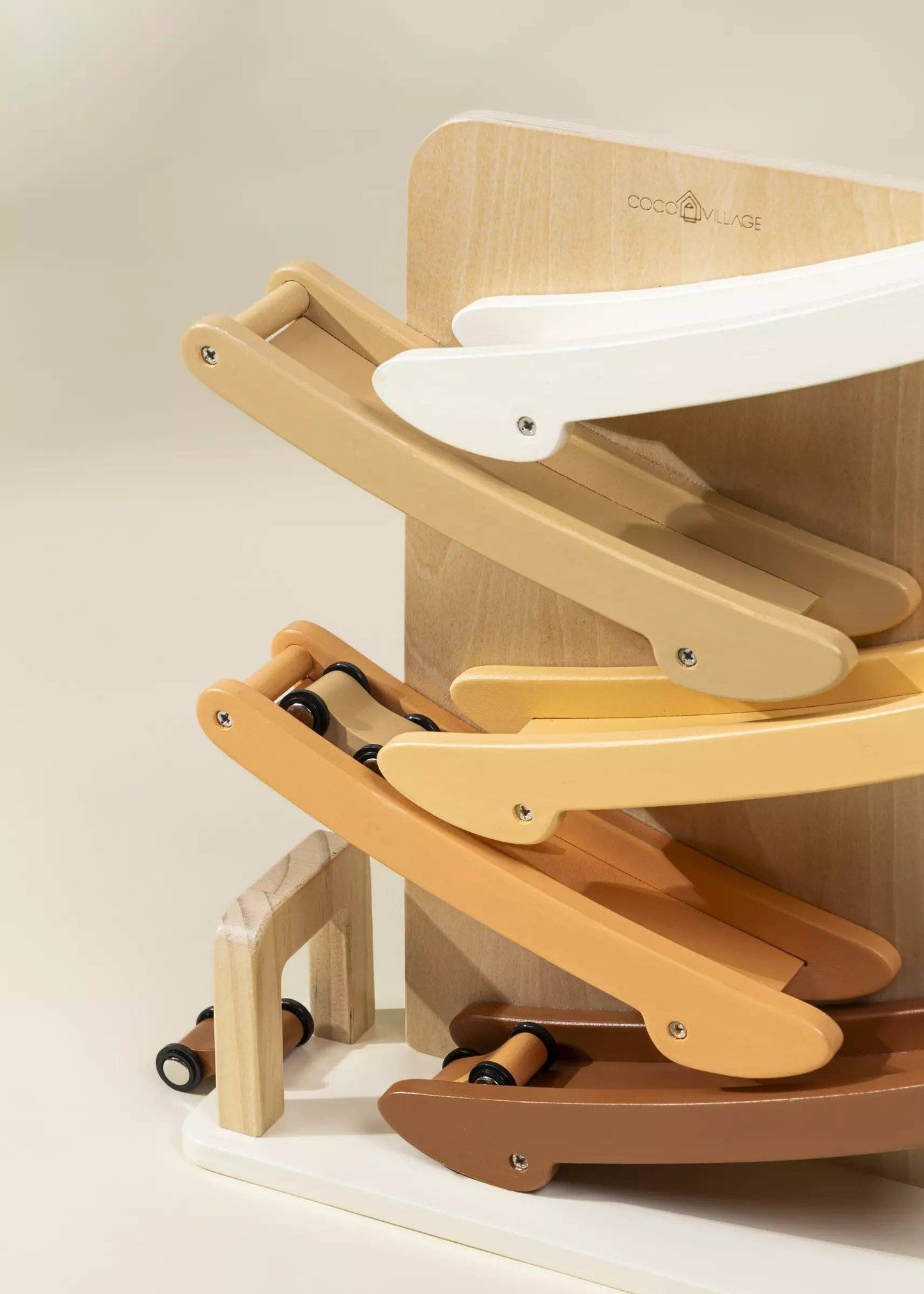 Close-up of Wooden Car Glider Track highlighting vibrant car colors and high-quality wood craftsmanship