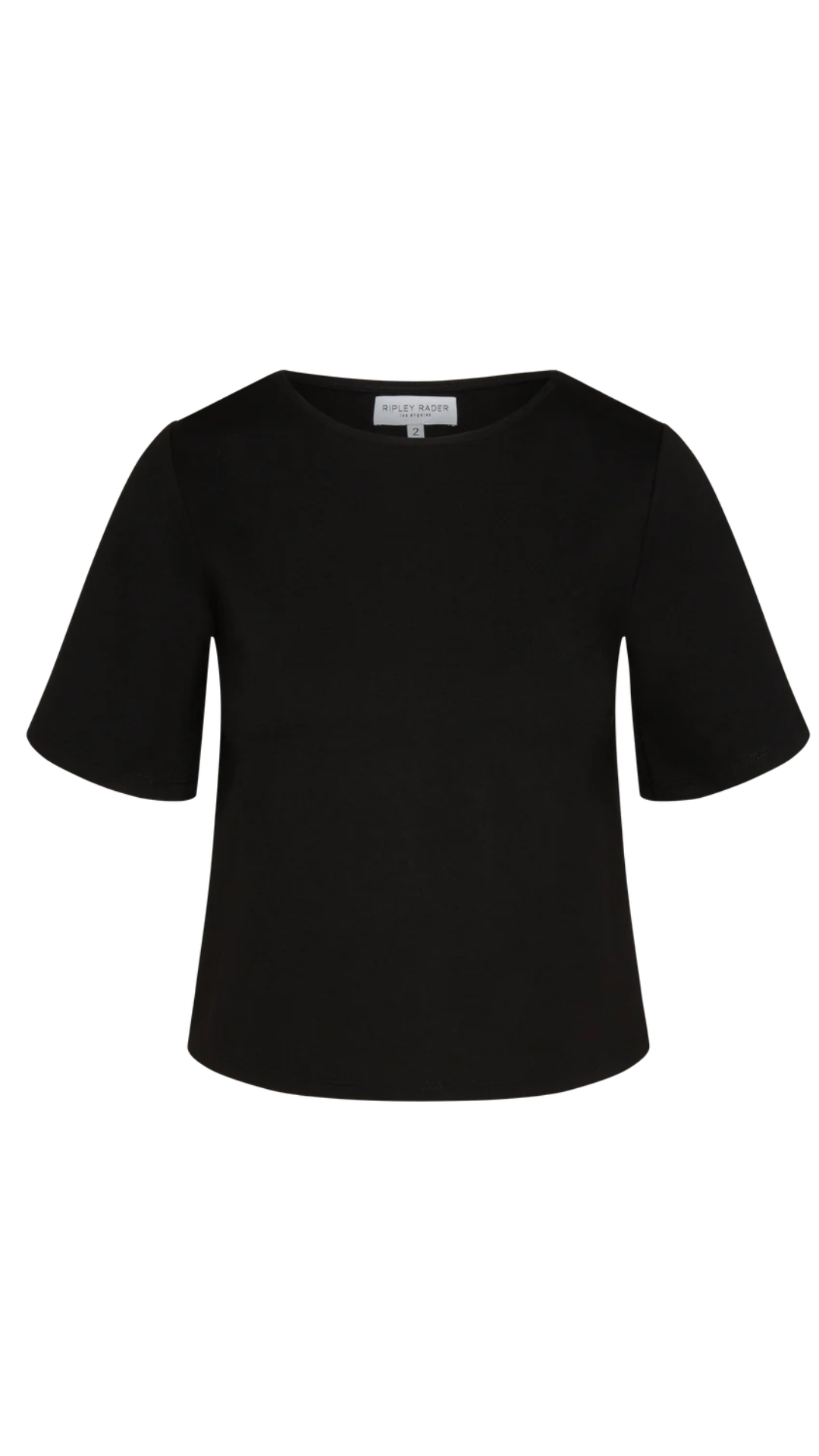 Flat lay of the Ripley Rader Black Ponte Knit Short Sleeve Top, proudly made in the USA, featuring a structured yet stretchy fabric for a polished and versatile look.
