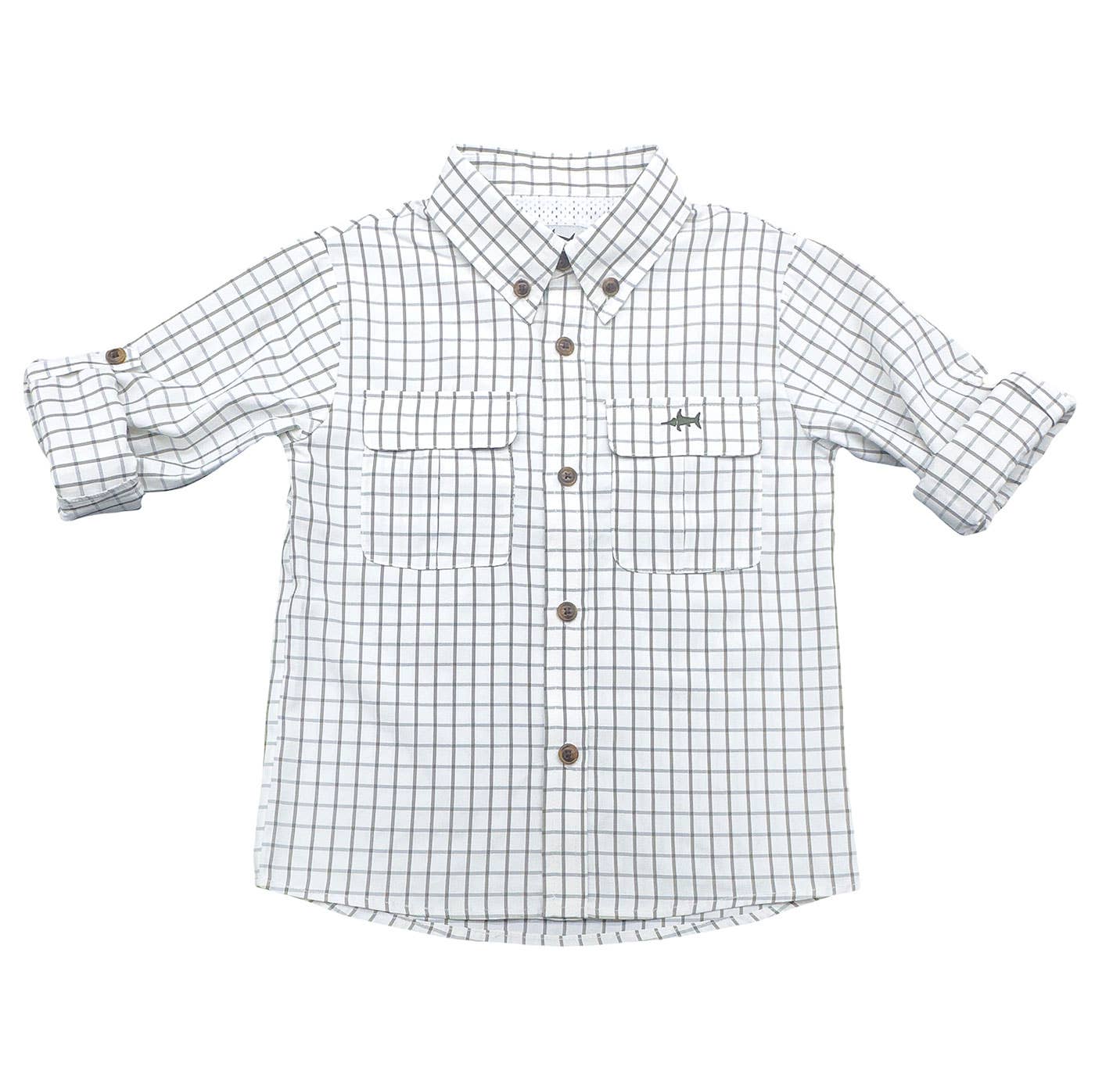 Front flat lay of Boys Flagler Fishing Shirt with sleeves rolled, showing versatile style and casual, comfortable fit.