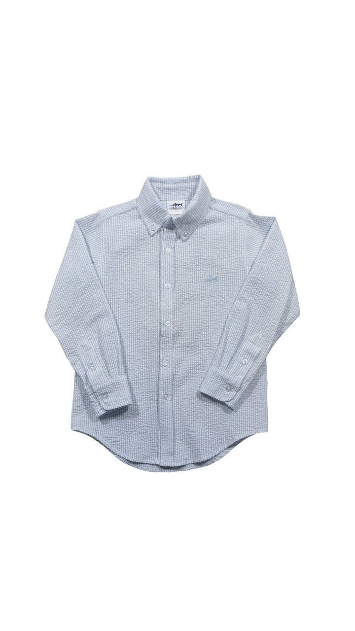 Carter Oxford Shirt in Seersucker by Saltwater Boys shown in lightweight cotton with button-down front, perfect for special occasions and picture days