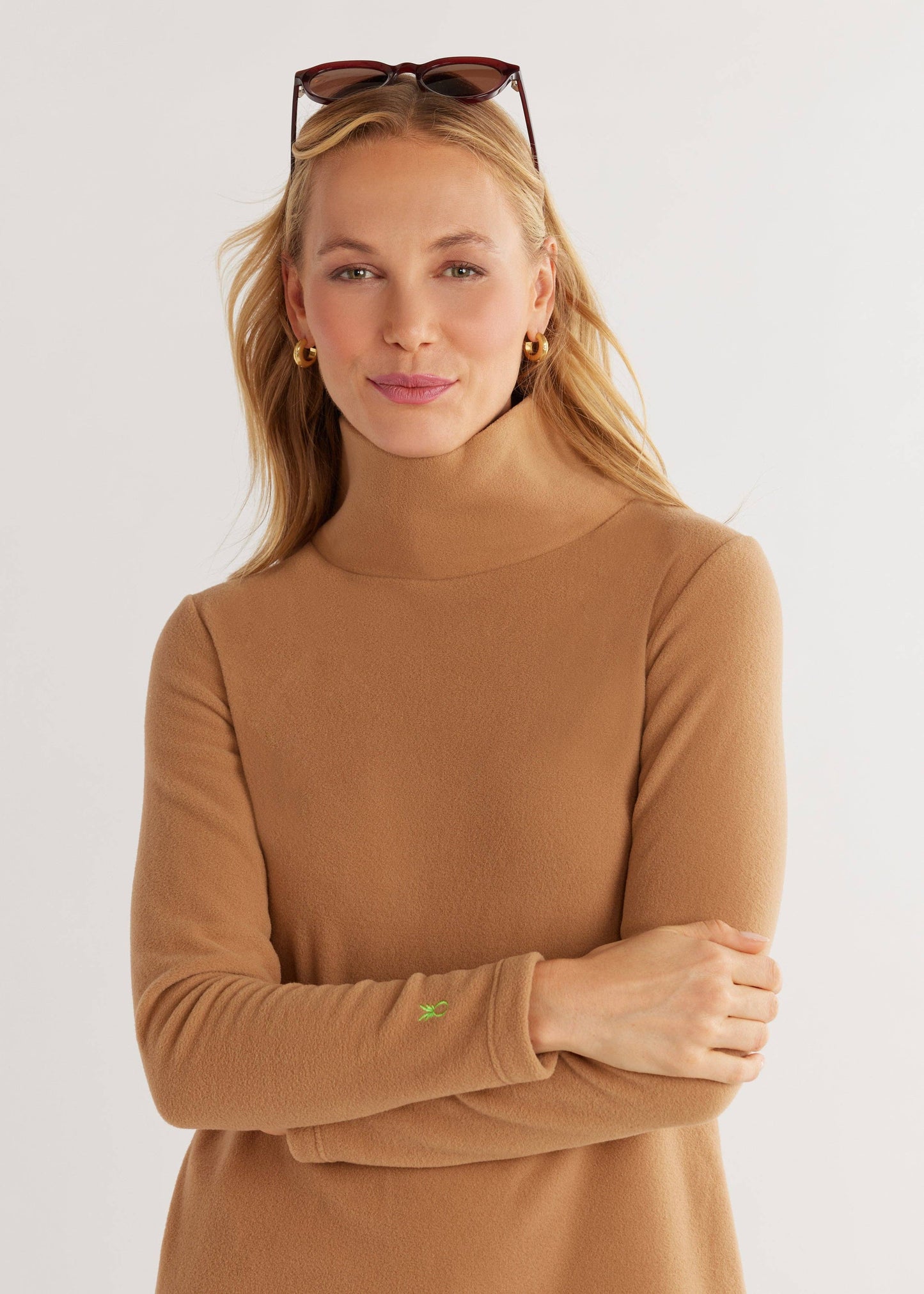 Cobble Hill Turtleneck – Camel Vello Fleece with Tunic Length & Pockets