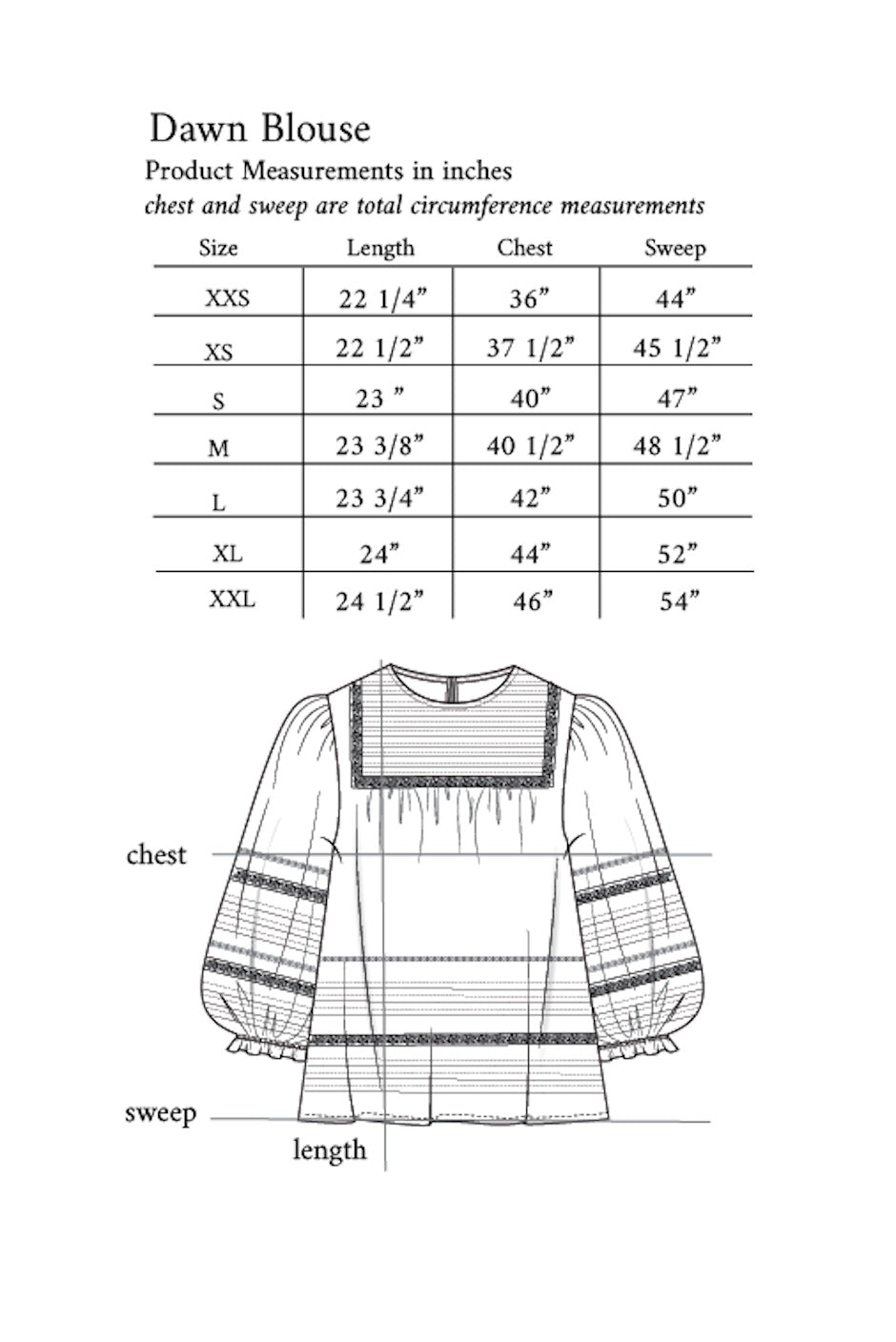 Size chart for the Dawn Blouse, providing measurements to guide fit and sizing.