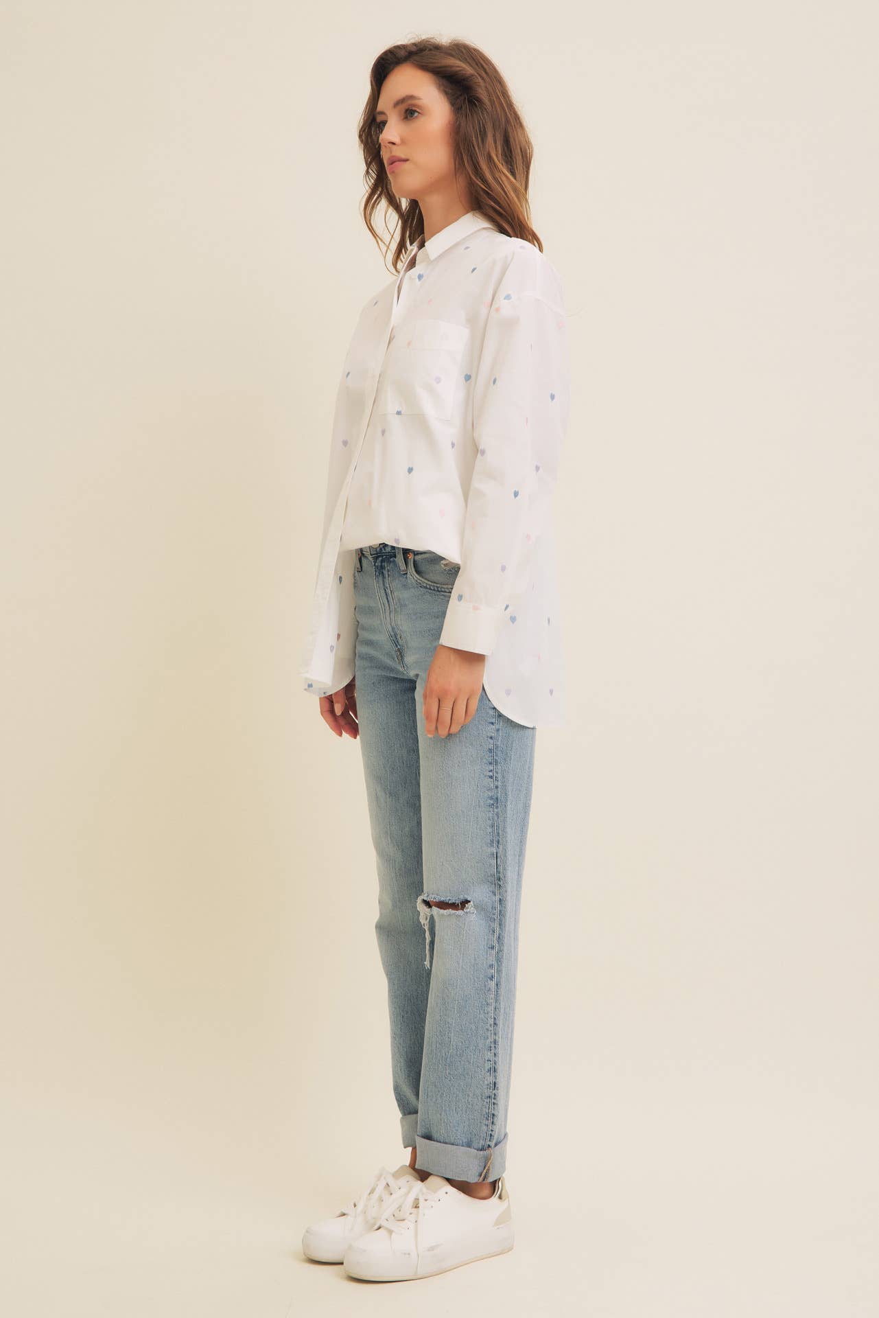 Side profile of Full of Hearts Button-Down Shirt highlighting relaxed silhouette and easy layering design