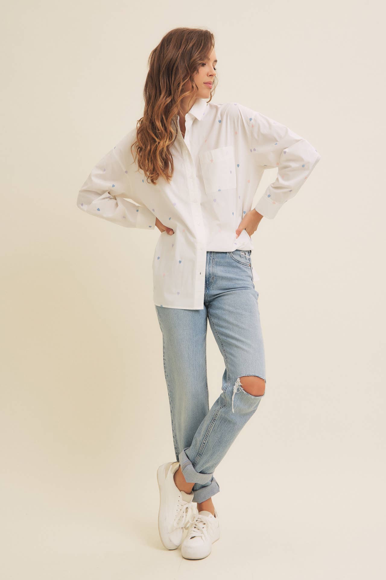 Side profile of Full of Hearts Button-Down Shirt highlighting relaxed silhouette and easy layering design