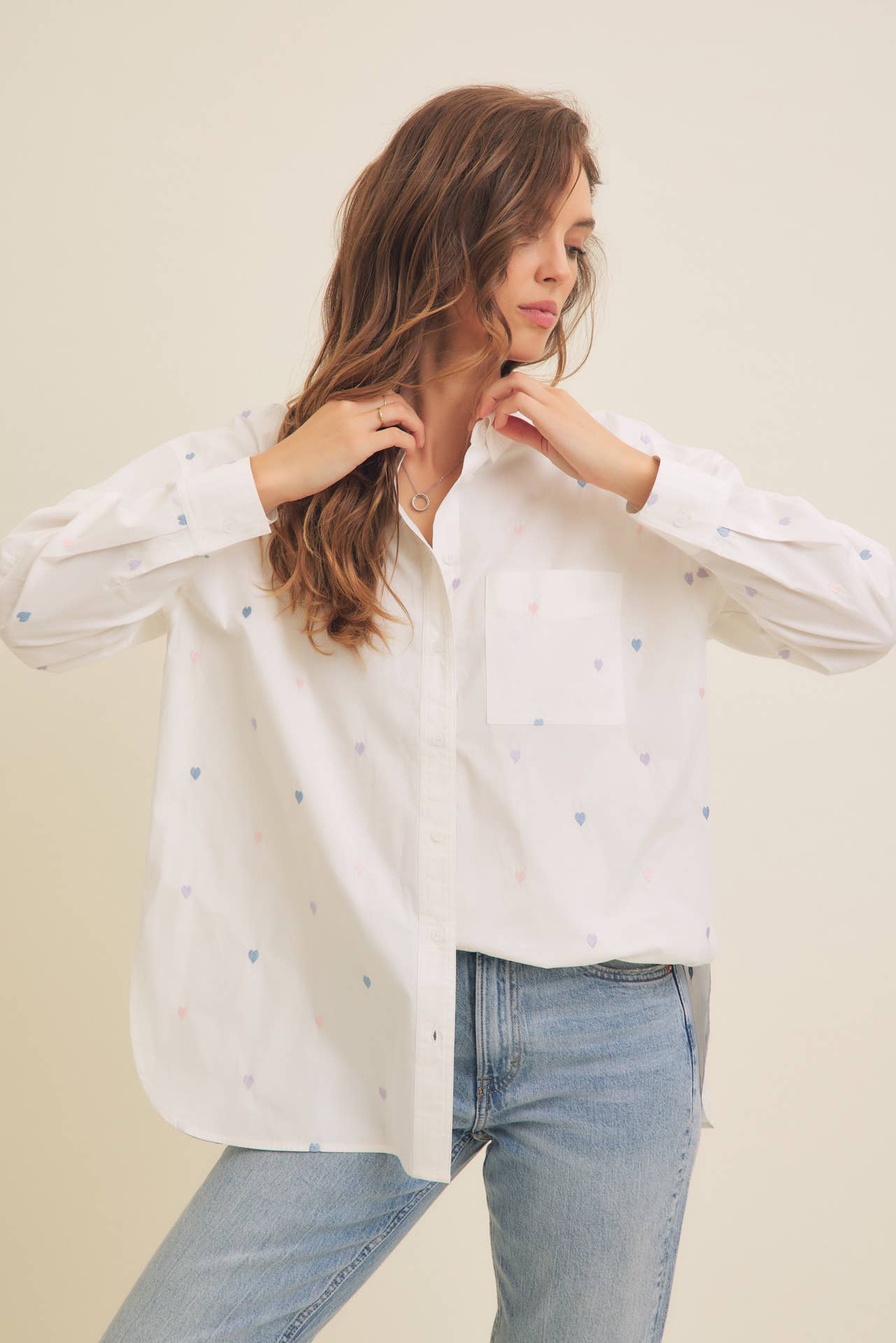 Close-up of long sleeve and cuff design on Full of Hearts Embroidery Button-Down Shirt