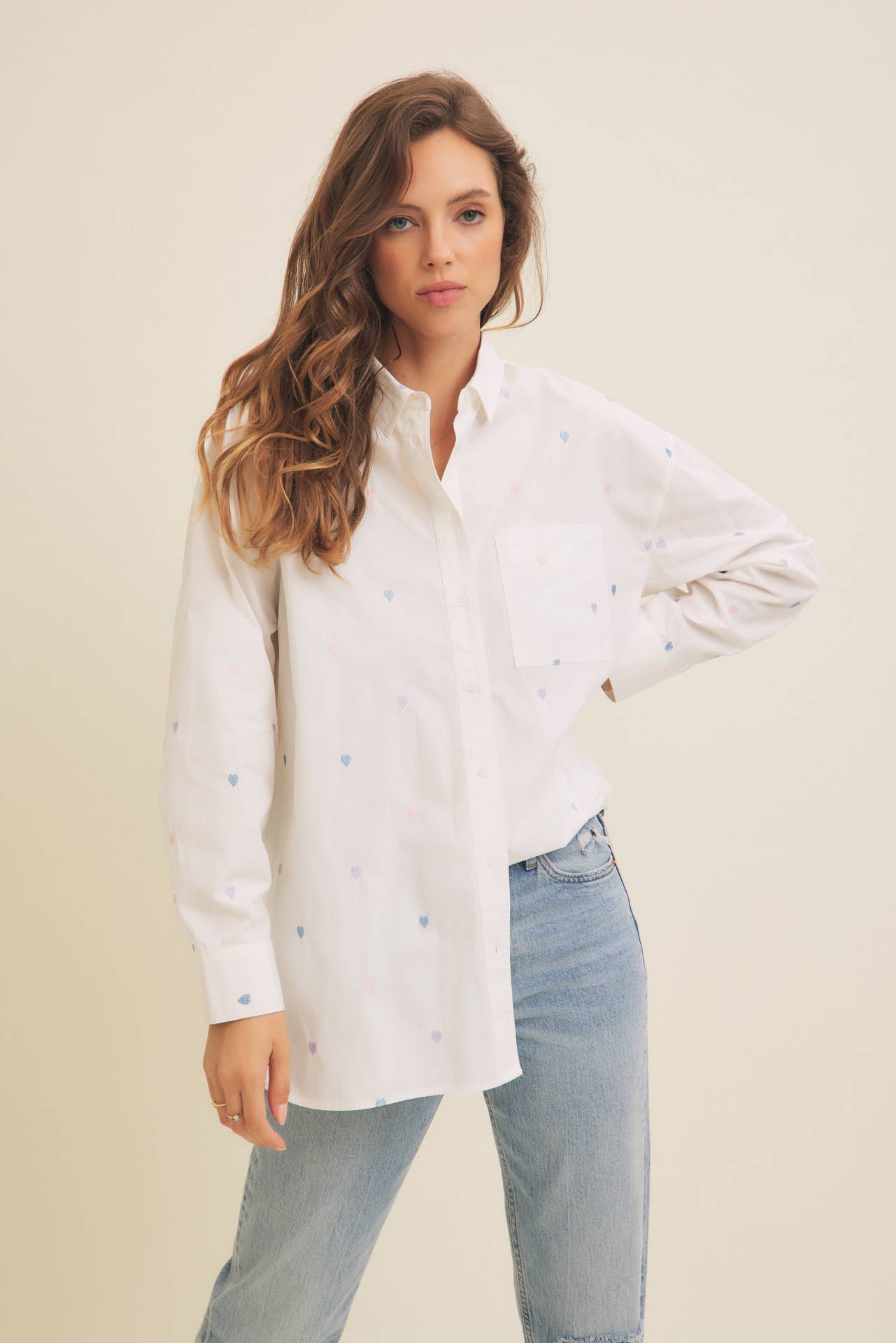 Full of Hearts Embroidery Shirt paired with jeans for casual everyday look with playful heart detail