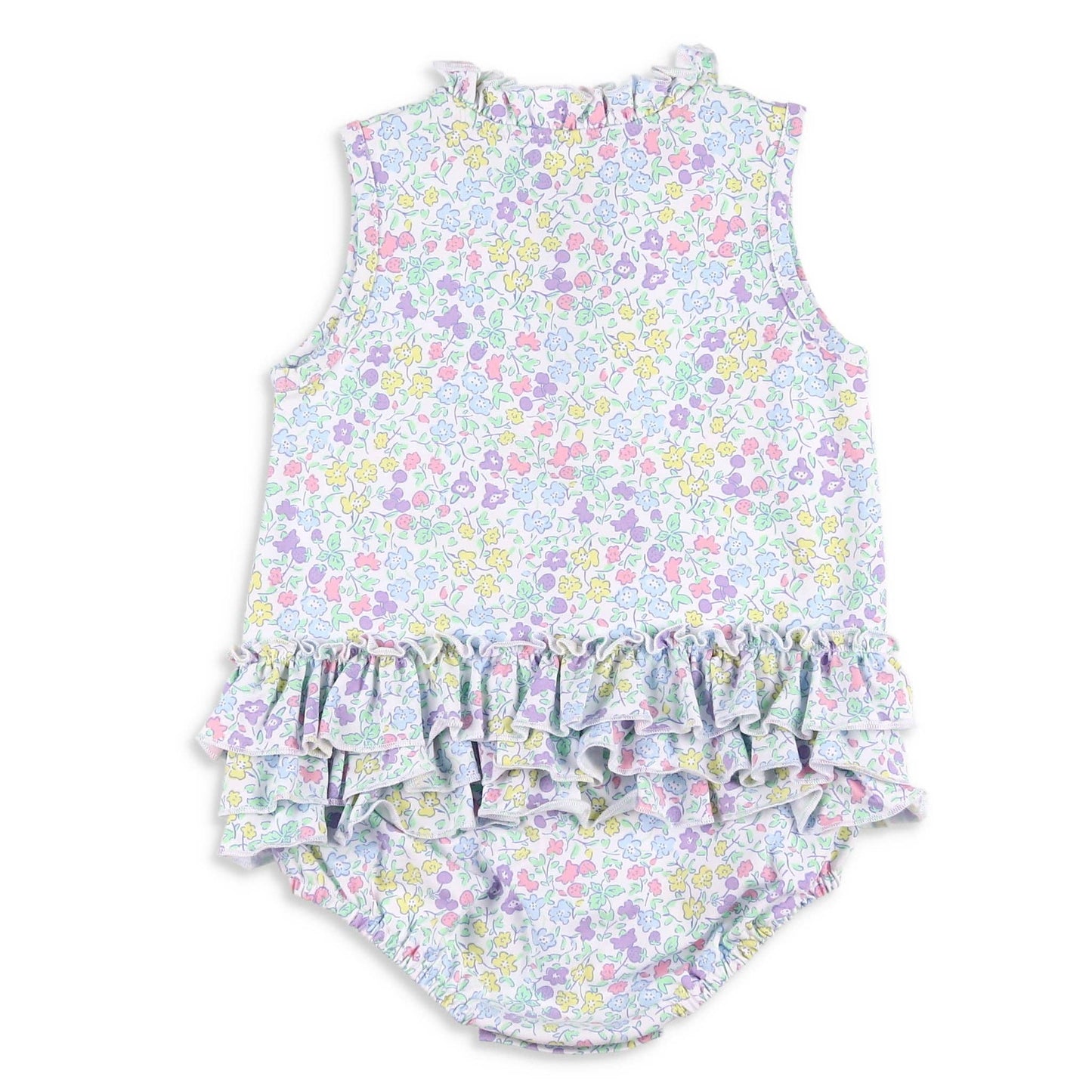 Back flat lay of the Kiawah Ruffle Bubble showing three layers of back ruffles and the charming hand-drawn floral and fruit print on white cotton.
