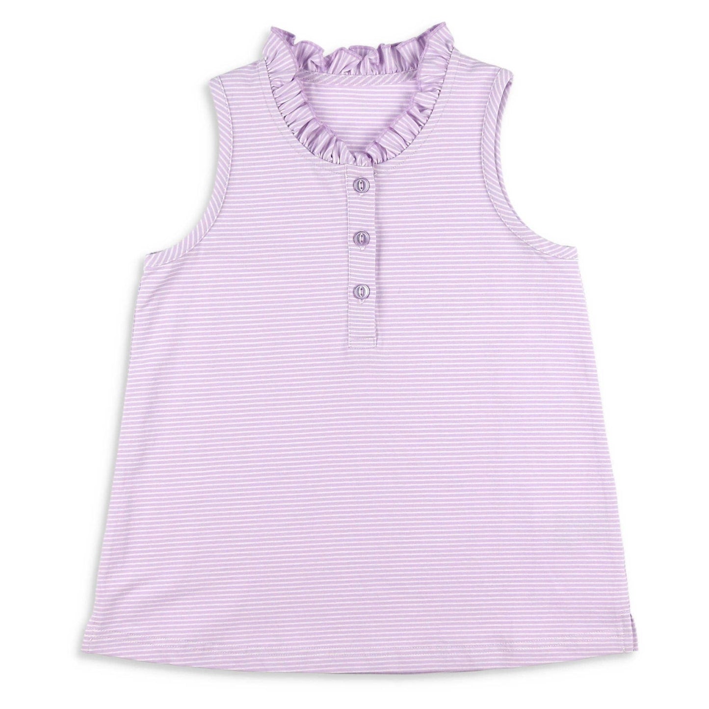 Flat lay of the Girls Ruffle Neck Polo in St. Simons Stripe, featuring purple and white cotton knit fabric, ruffle collar, and custom buttons down the front.