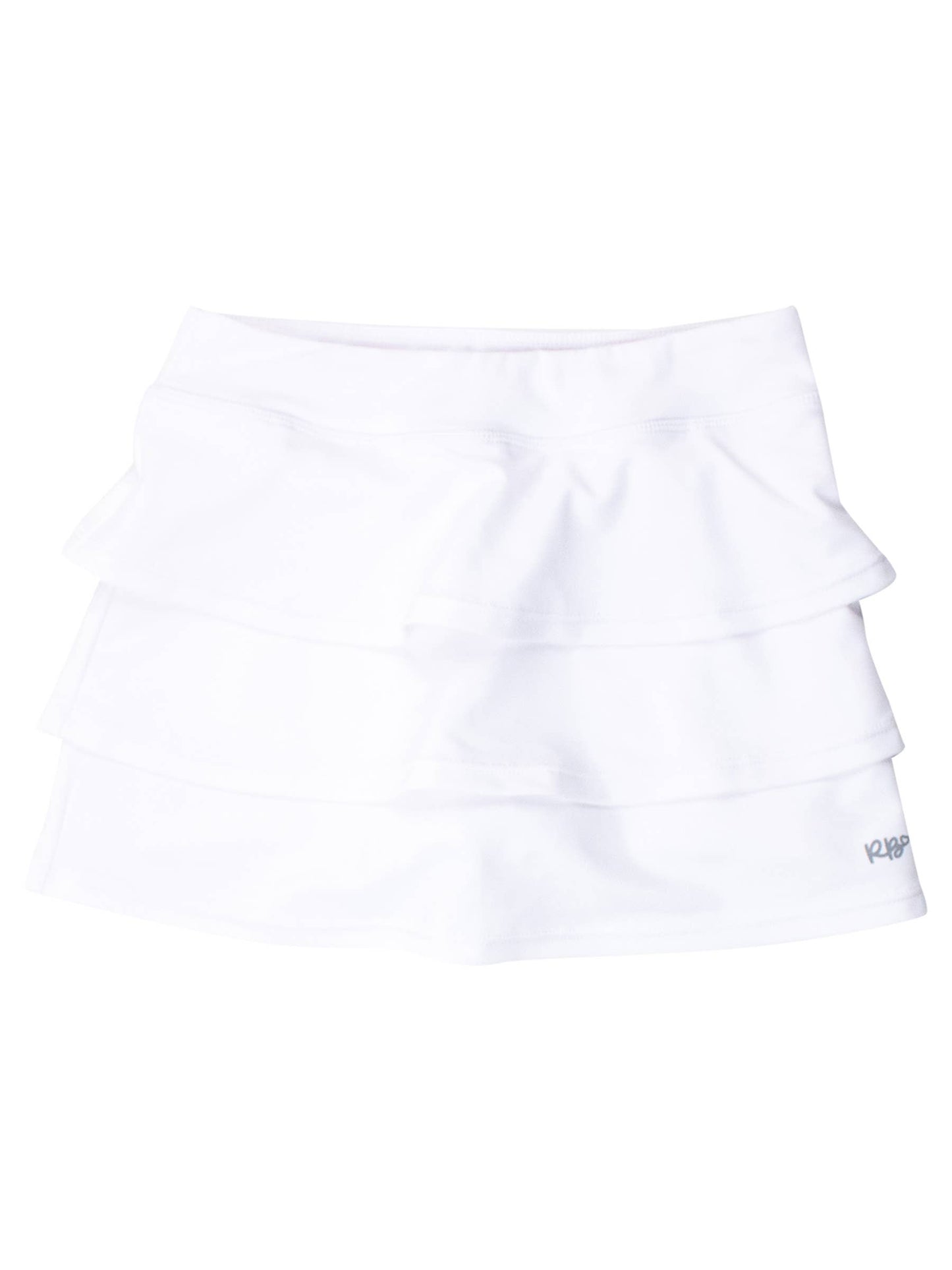 Girls white tiered active skort laid flat showing tiered design and breathable fabric