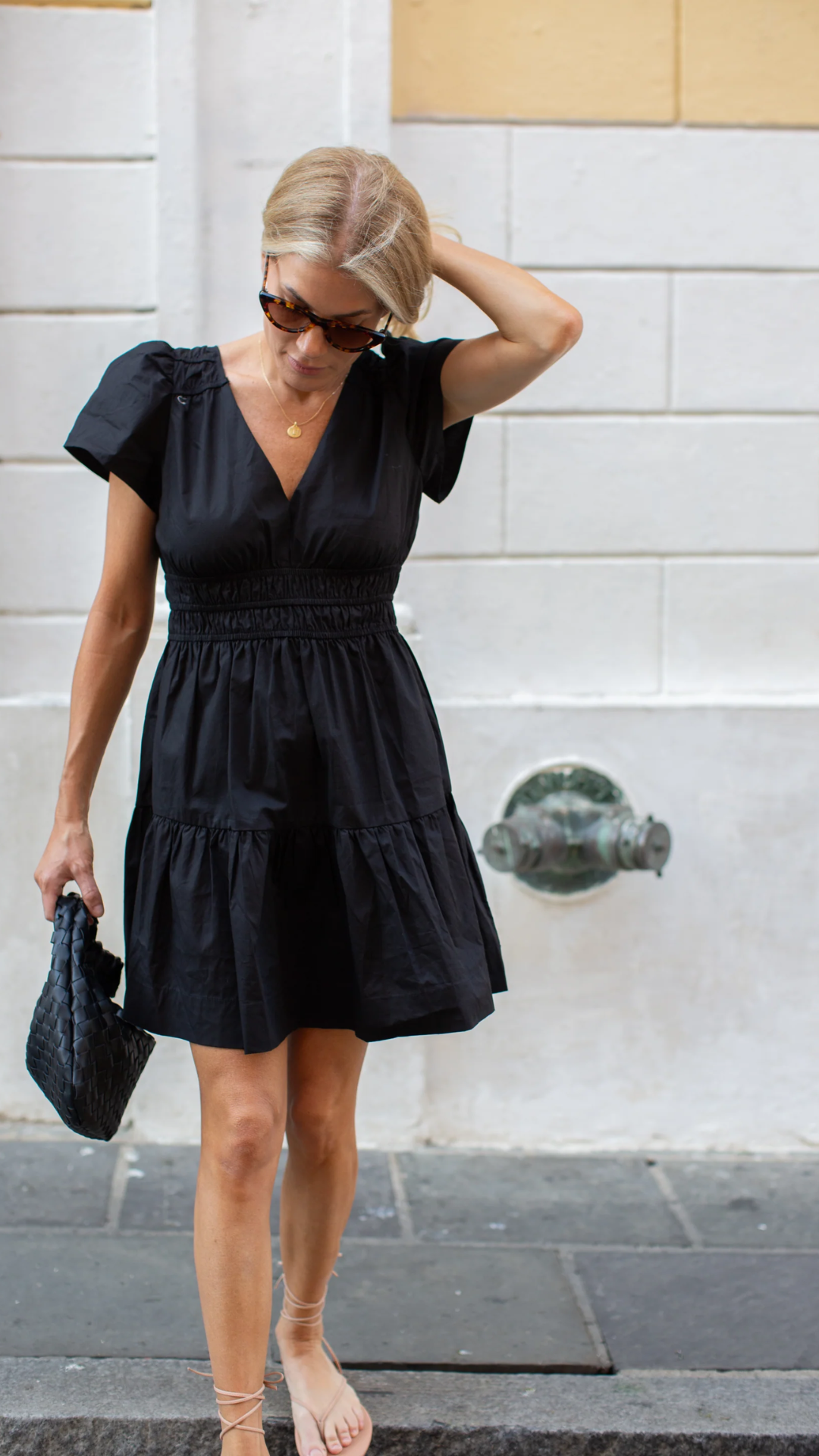 Anna Cotton Poplin Mini Dress – Flattering V-Neck & Pockets in Bonita Black by Marea