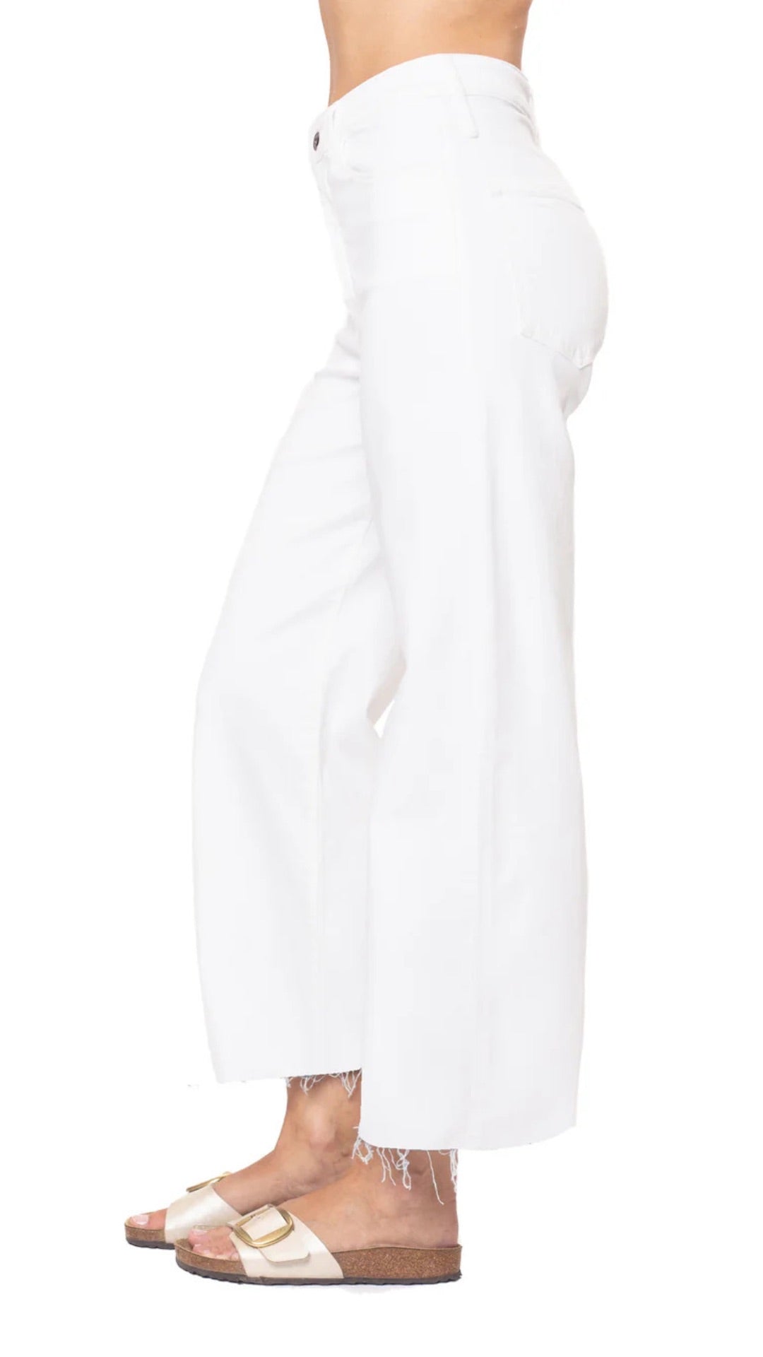 Side profile of Morrison Denim Fly Girl White Jeans – high-quality stretch denim with soft drape and cropped length