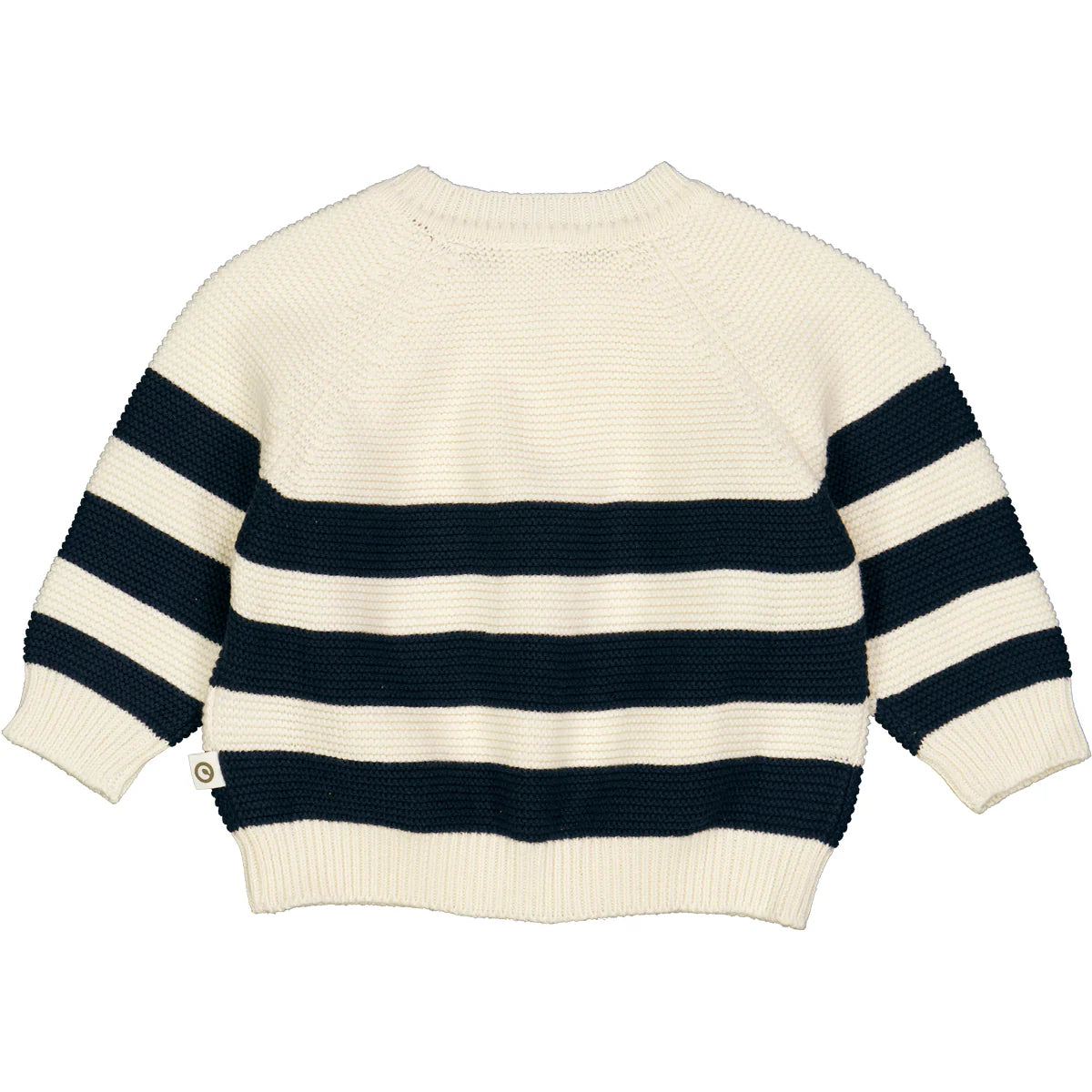 Back view flat lay of the Musli Knit Stripe Sweater in Night Blue highlighting the horizontal stripe pattern and classic fit
