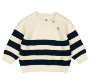 Front view flat lay of the Musli Knit Stripe Sweater in Night Blue with cream stripes and ribbed edges