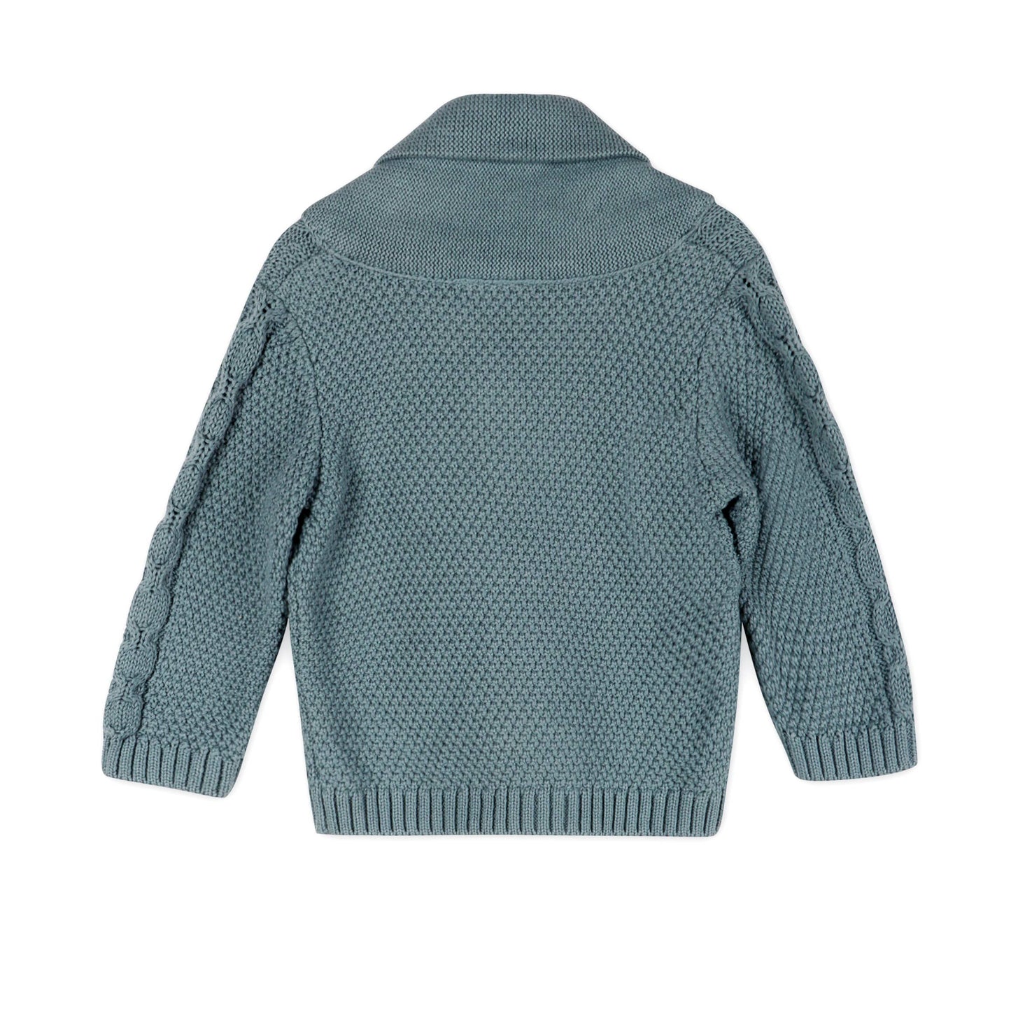 Flatlay back view of Viverano Organic Cotton Baby Cardigan featuring classic cable knit and shawl collar