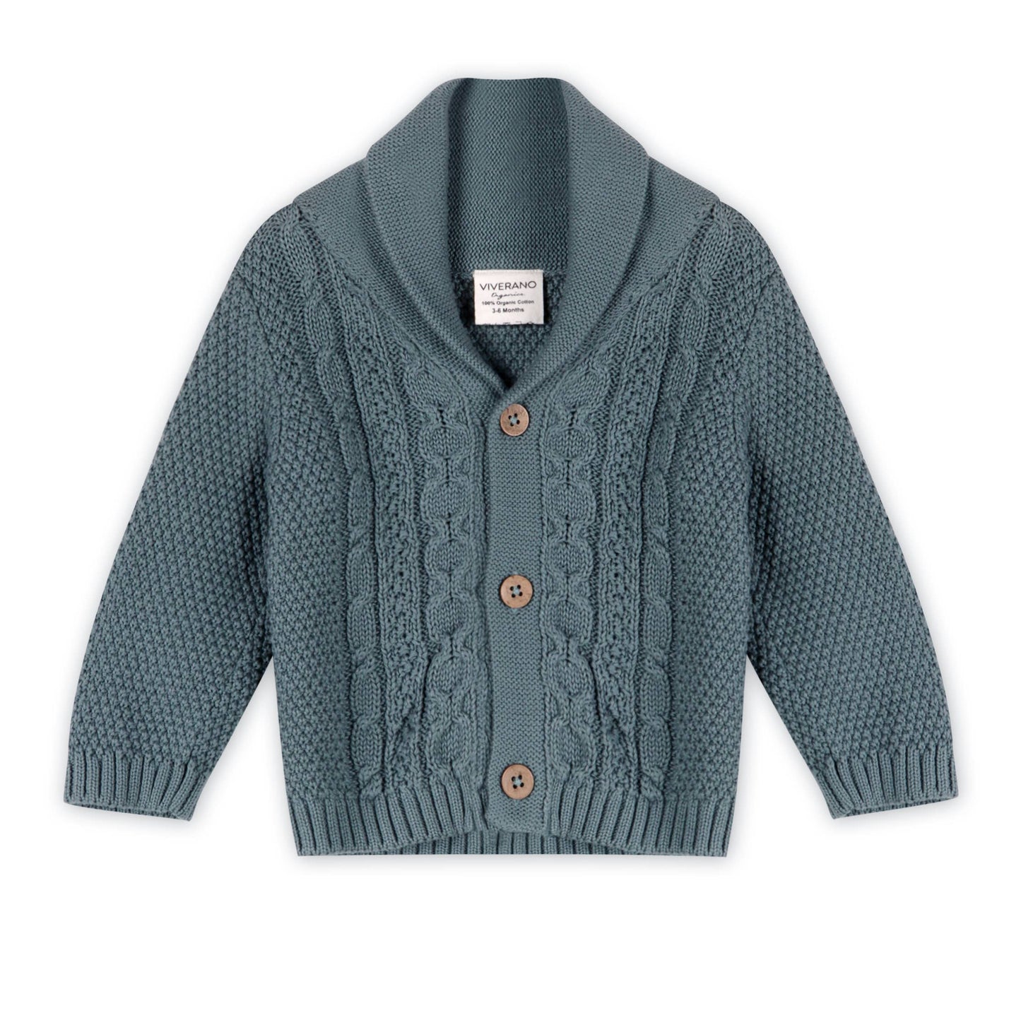 Flatlay of Viverano Organic Cotton Baby Shawl Collar Cable Knit Cardigan in soft natural color