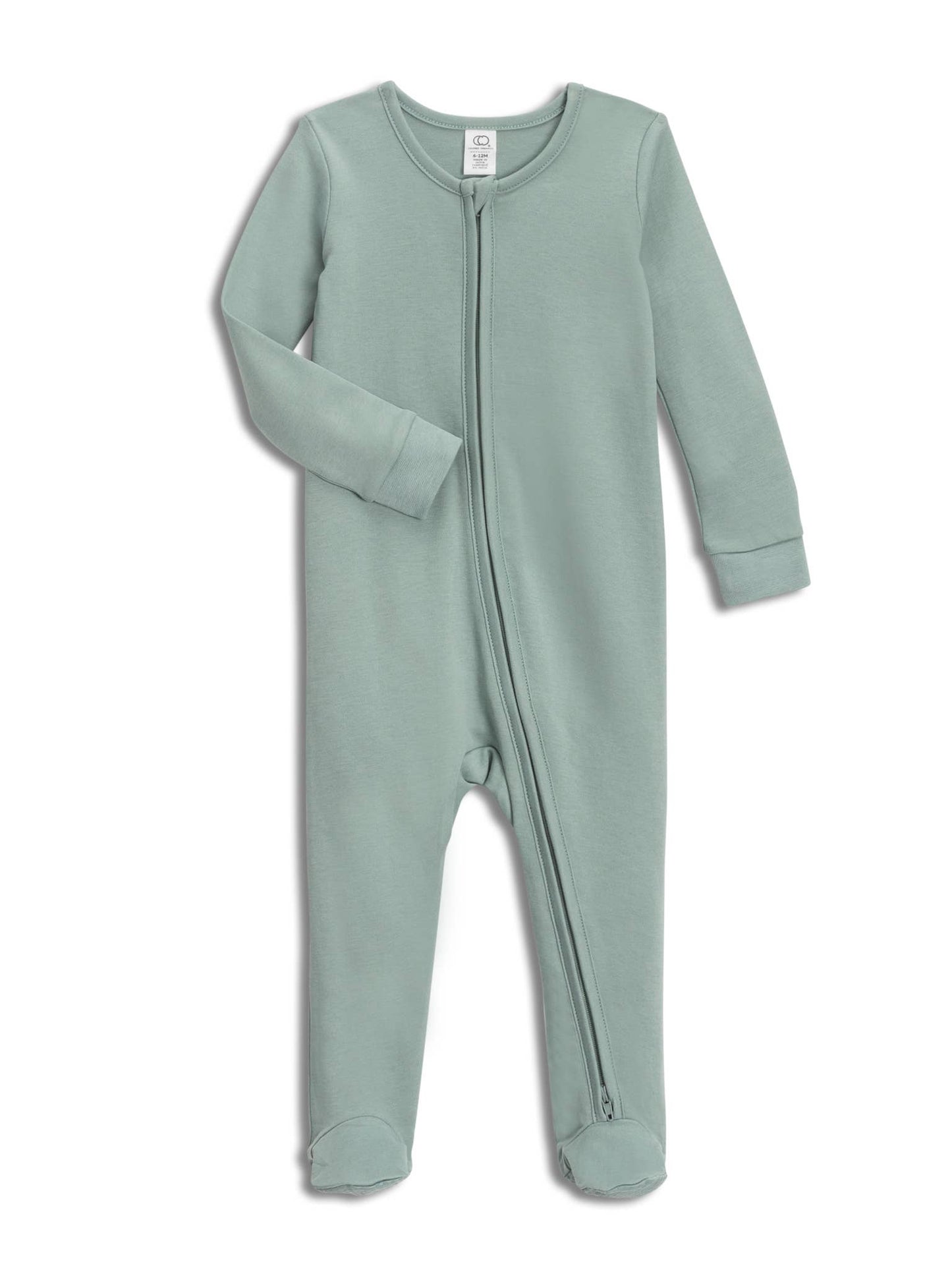 A front flat lay of the Organic Cotton Zipper Footed Sleeper, showcasing its two-way zipper design, snug fit, and sustainable organic cotton fabric.