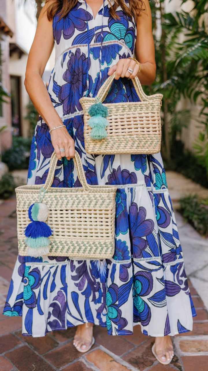 The Palm Net Yatzil Small Tote in Sage shown beside mini and large sizes to highlight scale differences.