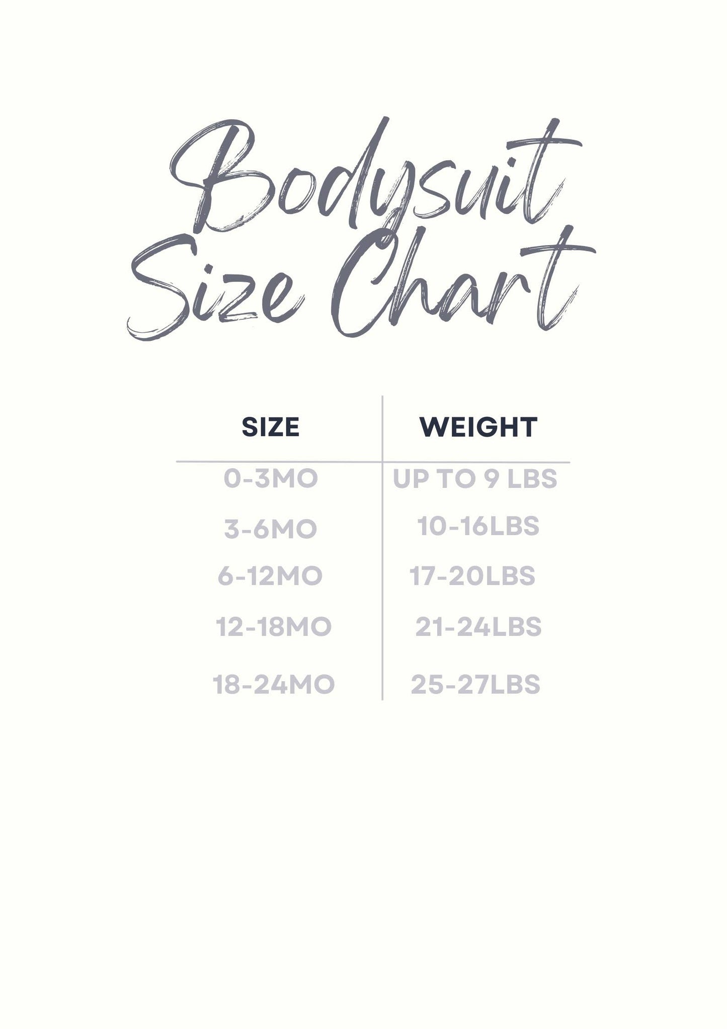 Size chart for the “Pass Me to Grandpa” baby bodysuit showing available sizes and measurements for newborns and infants.