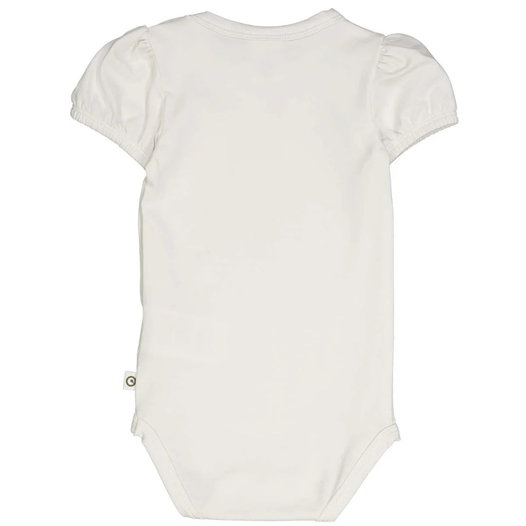 Back view of puff sleeve baby onesie in pink, laid flat to show simple back design and elastic detail.