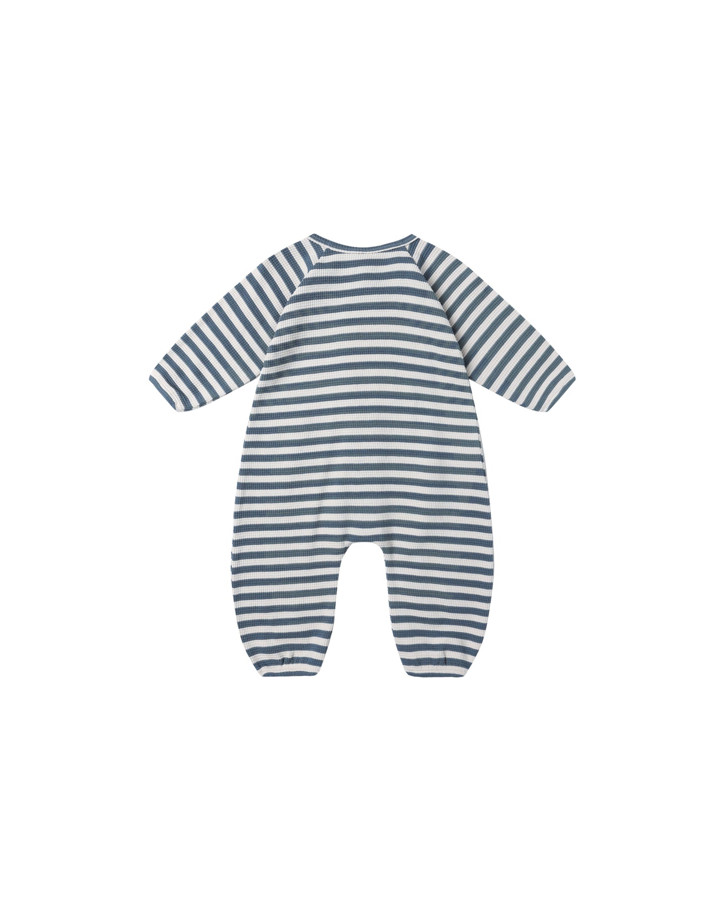 Back view of Quincy Mae Waffle Long Sleeve Jumpsuit in ocean stripe, showing relaxed fit and seamless design.