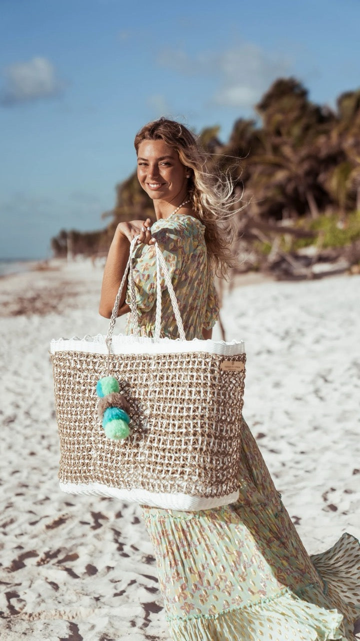 XL Sand Coastal Tote styled with a sundress for everyday wear