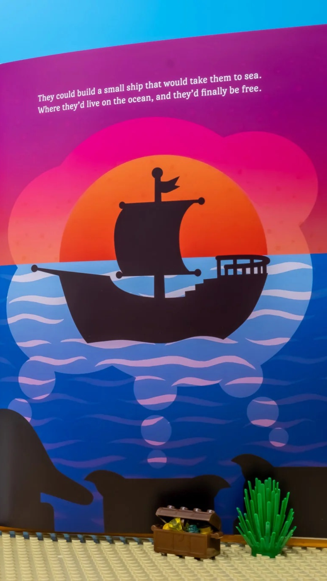 Vivid illustration of the pirate pigs setting sail on their adventures in “The Three Pirate Pigs” children’s book.