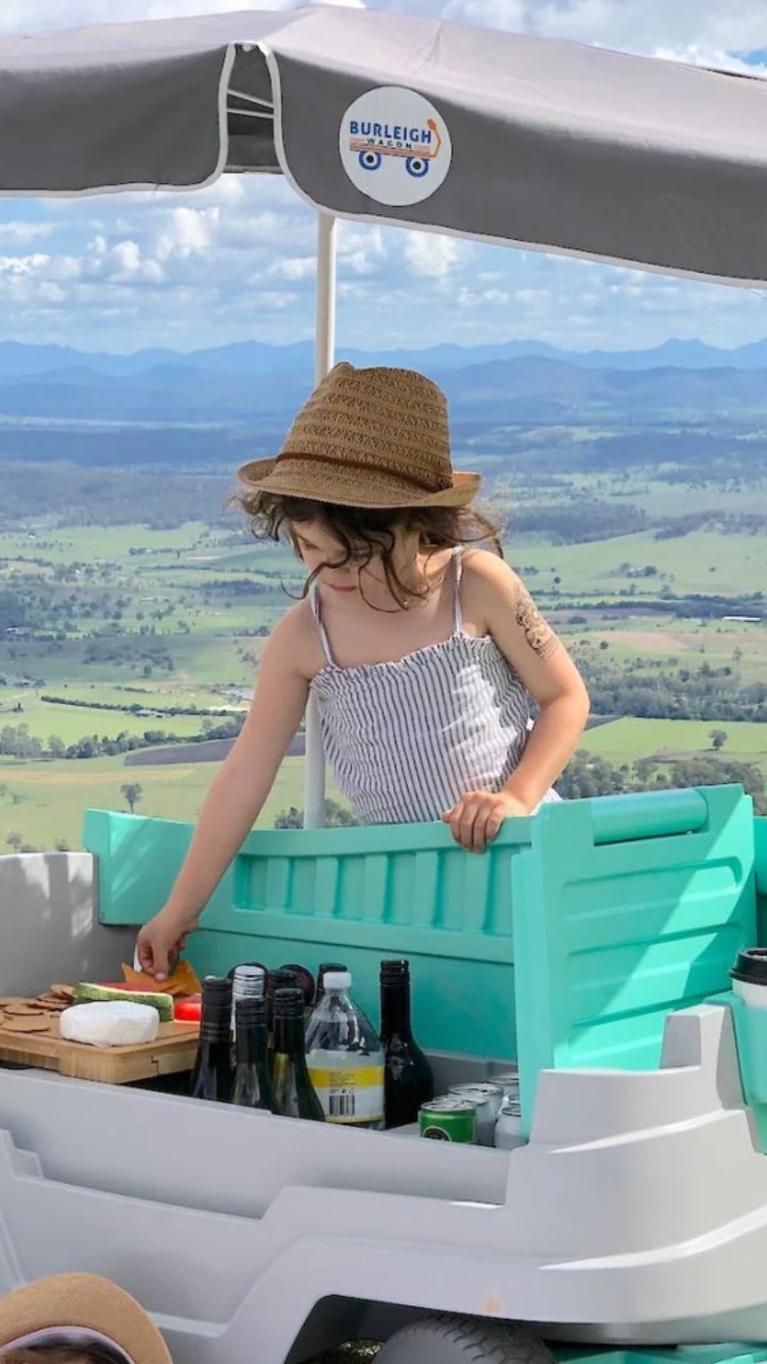 Side view of the Burleigh Wagon showcasing the kids beach wagon and cooler storage, designed for easy transportation.