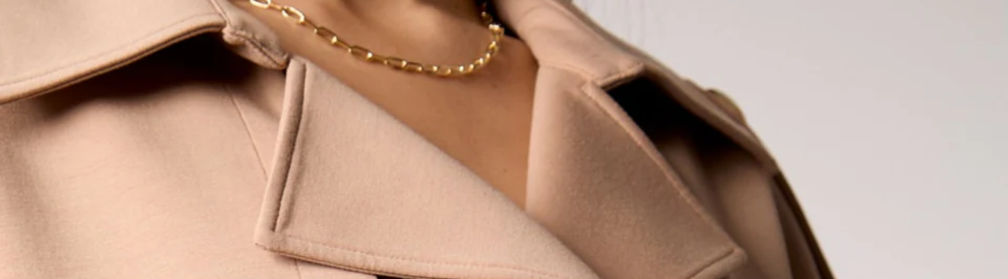Close-up of Charli Cropped Scuba Trench collar, showing soft fabric texture and tailored detailing, perfect for fall outerwear