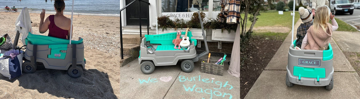 A turquoise and gray Burleigh Wagon with toys outside Grace & Haven in Essex, Connecticut.