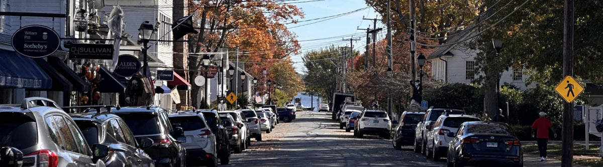 Autumn leaves and historic storefronts on Main Street in Essex, Connecticut.