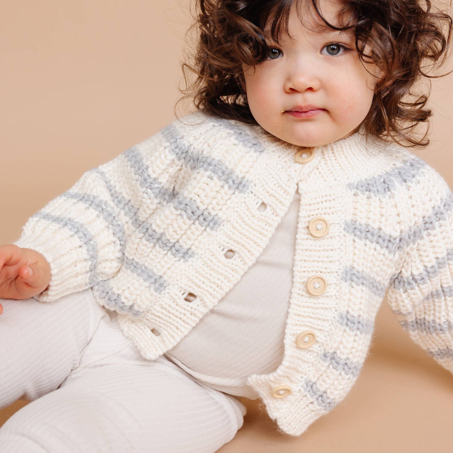 2-3 Years - Rib Knit Stripe Cardigan in Cream & Bowie Grey | Soft Hand-Knit Baby Sweater by The Blueberry Hill