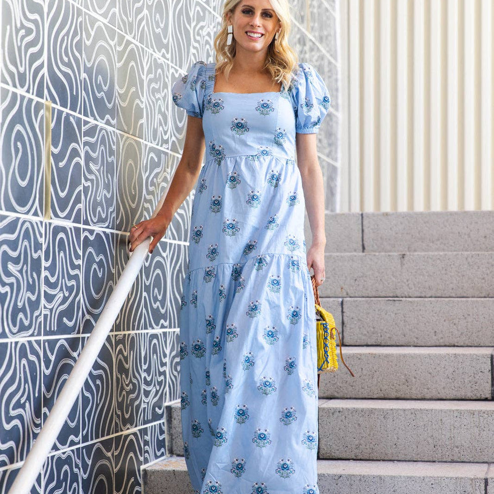 
                      
                        The Lucia Dress | Dusty Blue Floral Print Maxi Dress with Puff Sleeves and Pockets
                      
                    